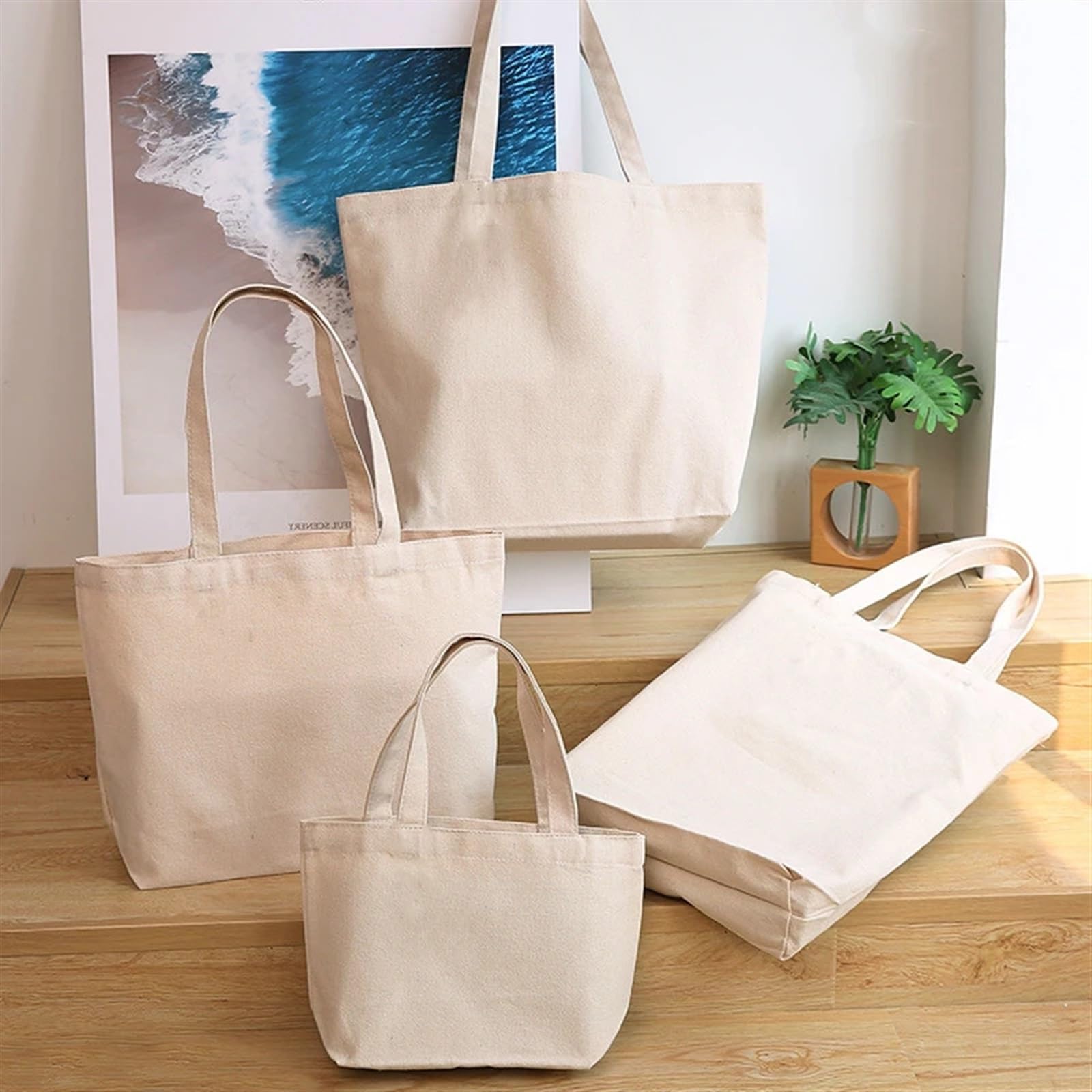 Lot de 5 Sacs fourre-Tout en Toile Naturelle réutilisables en Coton for Courses de Grande capacité pour l'école Les achats Le Travail Les Voyages(H25x35x10cm)