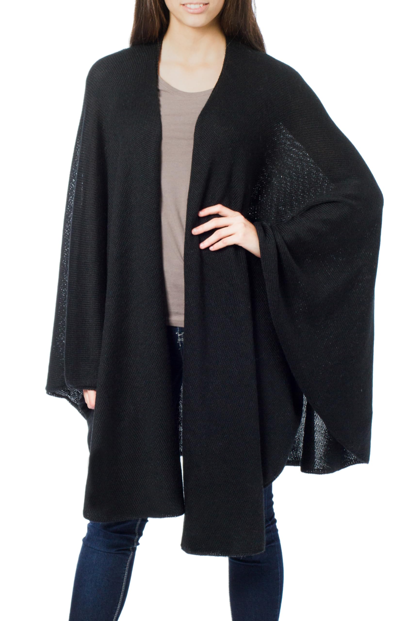 NOVICA Artisan Handmade Alpaca Blend wrap Wool Solid Black Ruana Acrylic Clothing Wraps ruanas Peru ' Bold Black'