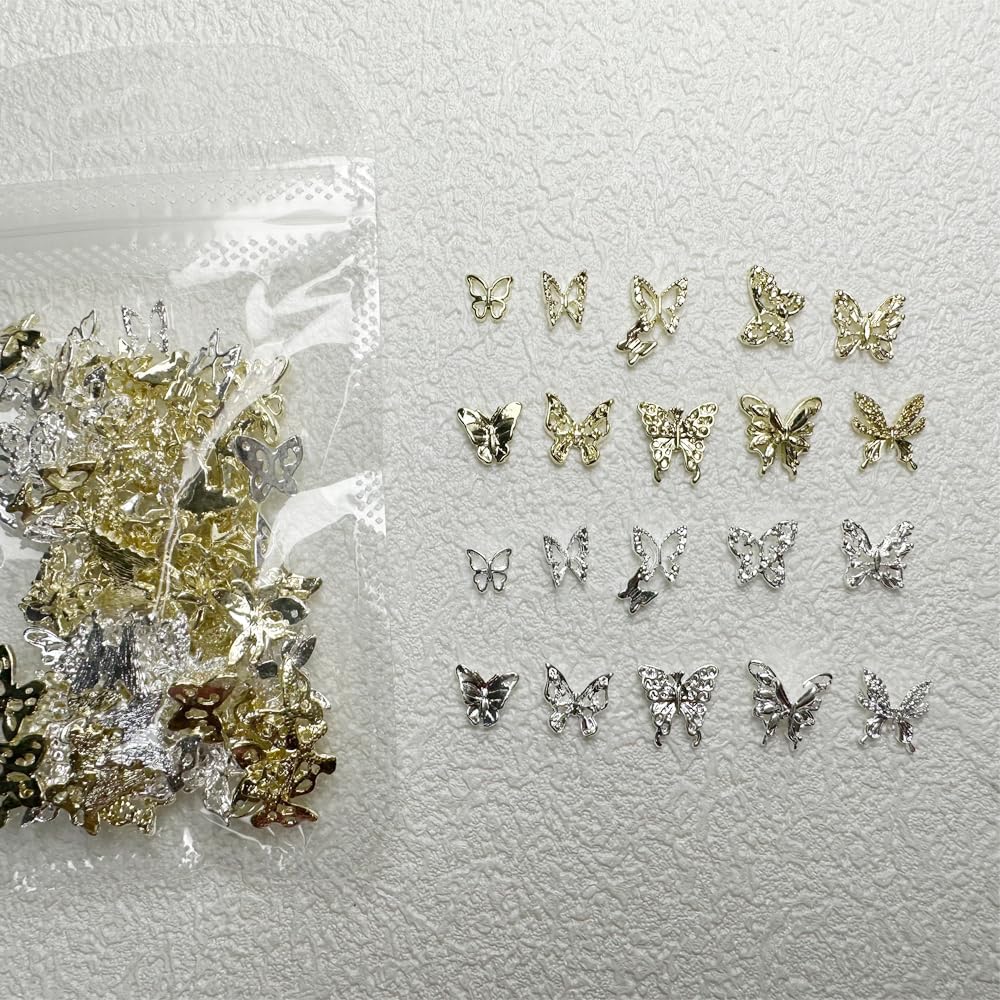 Butterfly Nail Charms, 100 PCS 3D Nail Butterfly Charms for Women Nail Art Design in Silver & Gold