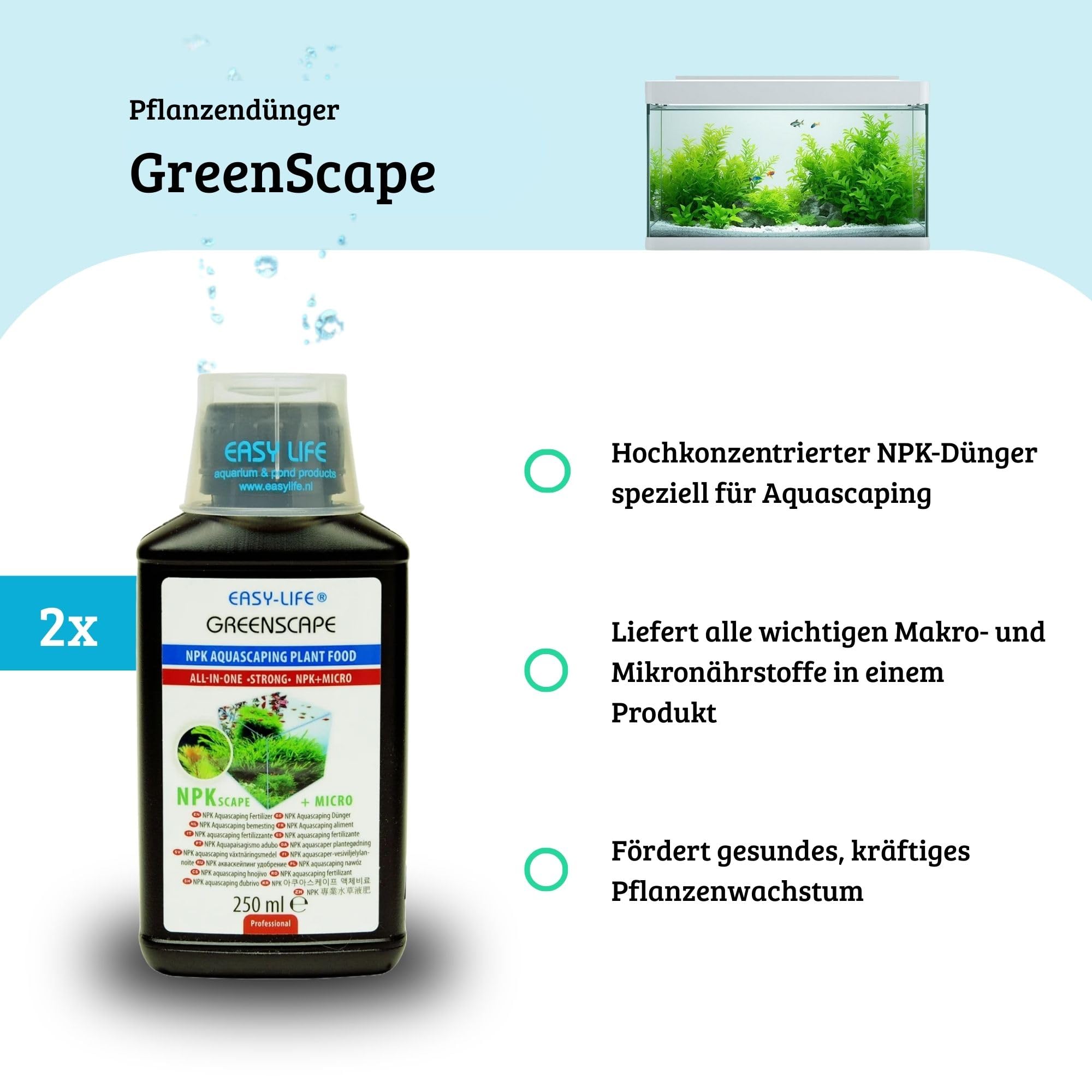 Easy Life GreenScape 2er Pack – 2×250 ml NPK Flüssigdünger für Aquarienpflanzen, fördert gesundes Wachstum & kräftige Blätter, mit Spurenelementen, einfache Anwendung, fischsicher