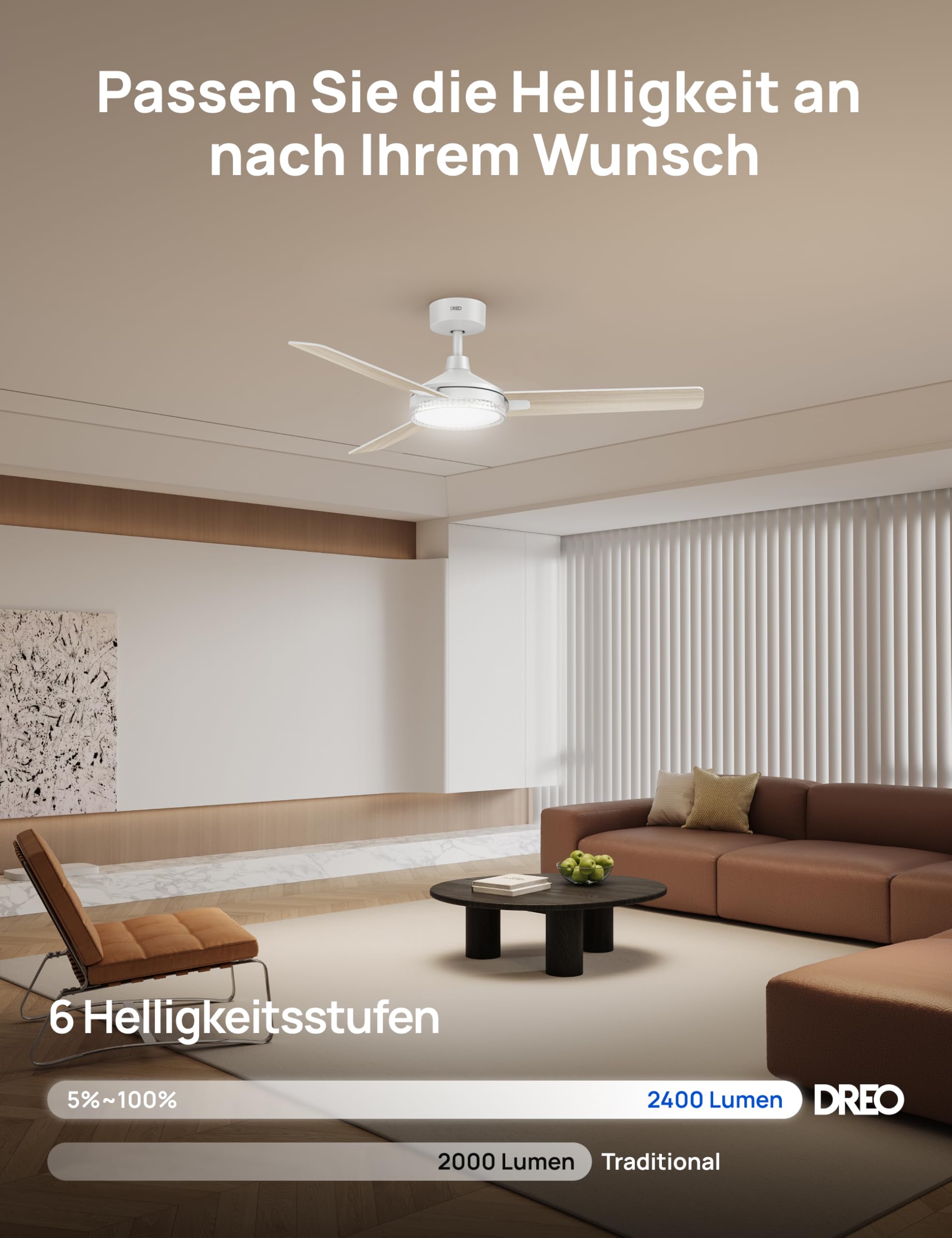 DREO Deckenventilator mit Beleuchtung und Fernbedienung,132 cm Weißer Ventilator decke mit Licht und Alexa,5 CCT-Farben, 6-stufig dimmbar, 6 Stufen, leiser reversibler DC-Motor, Timer (1/4/8h)