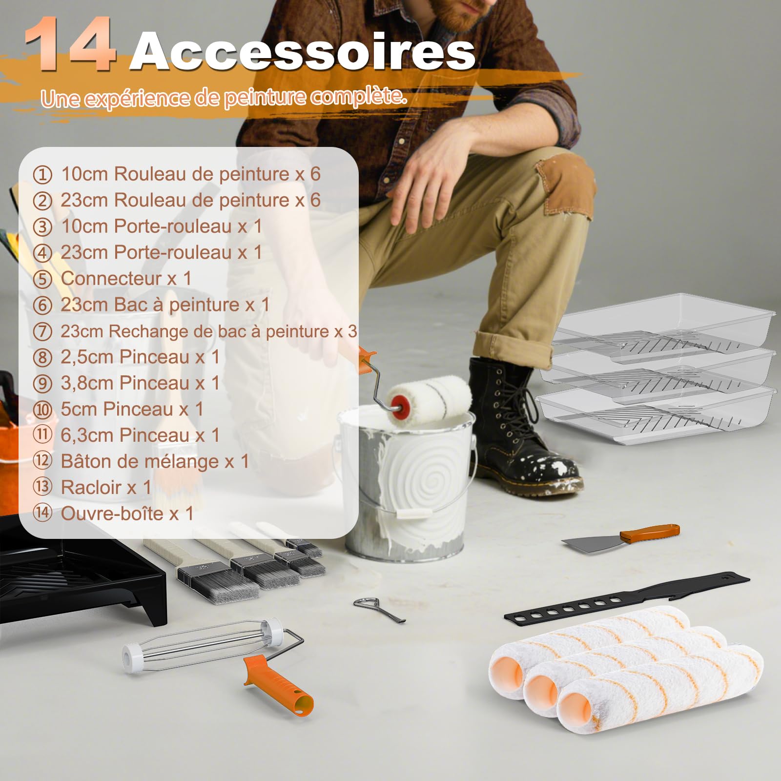 LAANPOLE Rouleau Peinture avec 1,3m Perche Telescopique, 27 Pièces Kit Peinture Mur, Rouleaux de Peinture 23 cm/10 cm pour Murs, Manches Microfibre pour Peinture Professionnelle, Orange