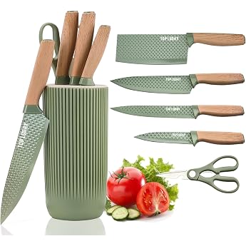 Knife Set 6-Piece Sharp Knife Block Set for Kitchen Non-Stick Non-Slip Stainless Steel Chef's Knife Set with Universal Knife Block Suitable for Home Restaurant Picnic Green
