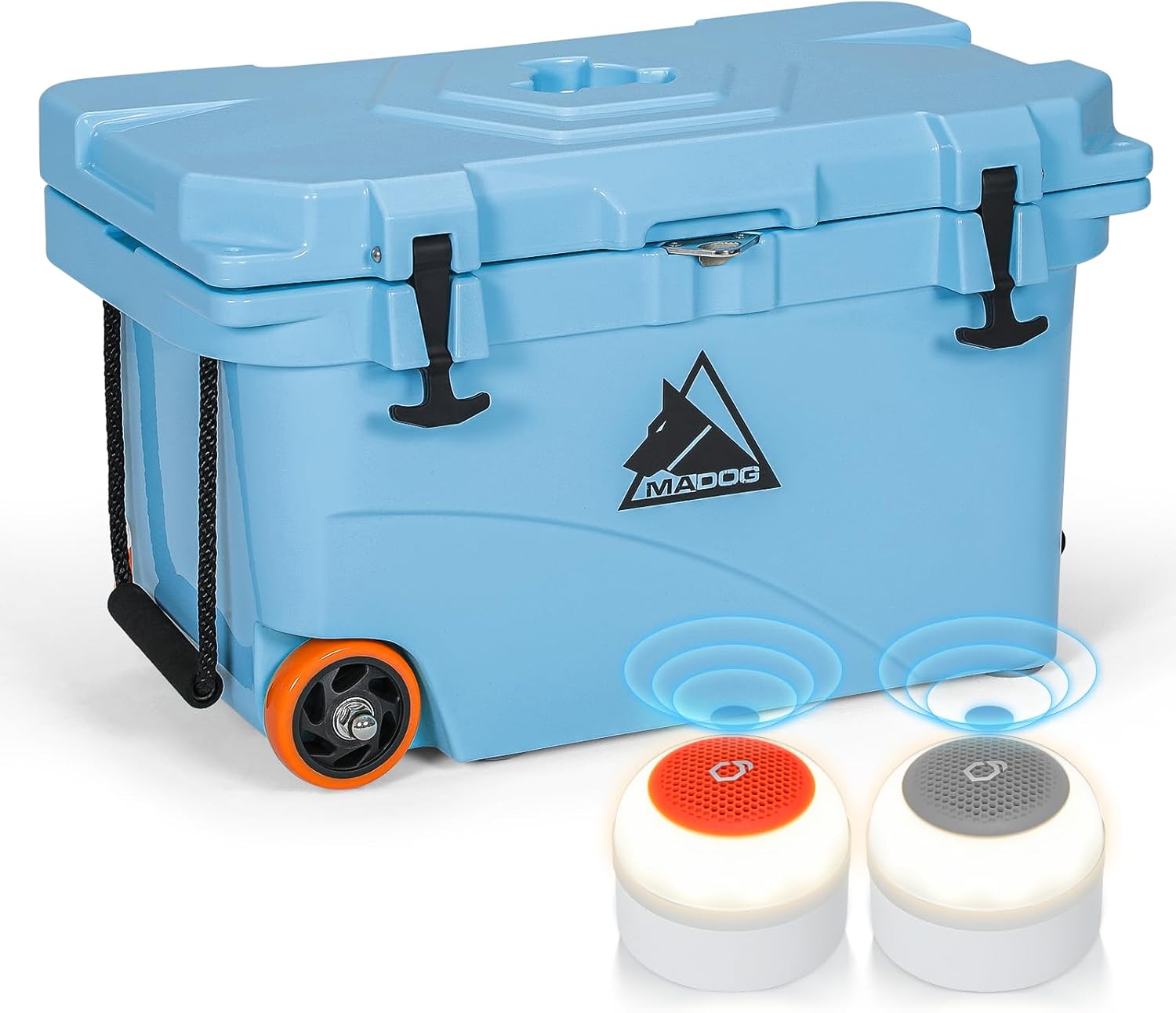 MADOG Cooler with Wheels, Leak-Proof Rolling Beach Cooler with LED Light Bluetooth Speaker, LLDPE Wheeled Coolers, Ideal Portable Cooler for Fishing, Camping, Boating and Traveling