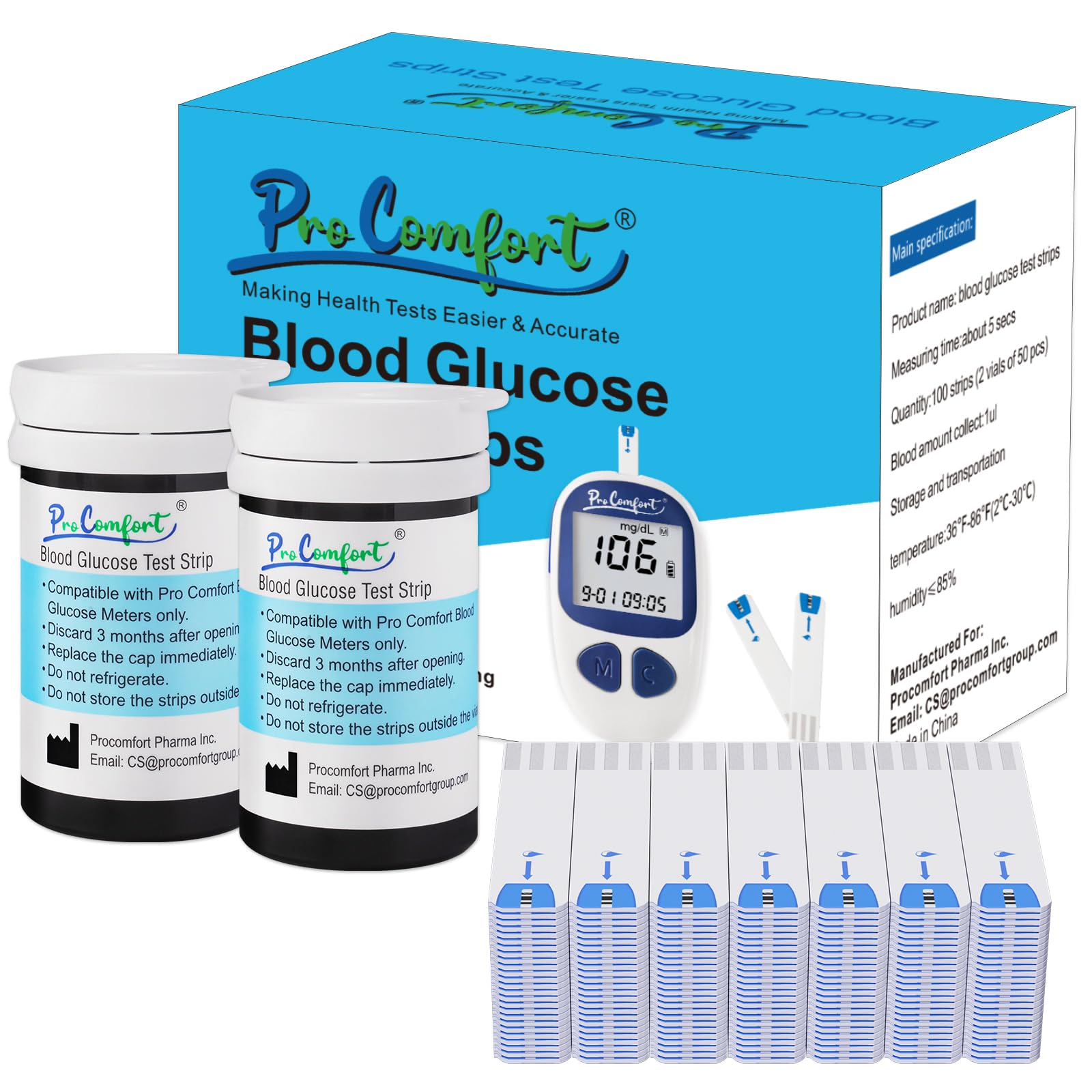 Blood Glucose Test Strips for Diabetes 100 Count Blood Sugar Test Strip, Used with Pro Comfort Glucose Monitor Only, No Coding