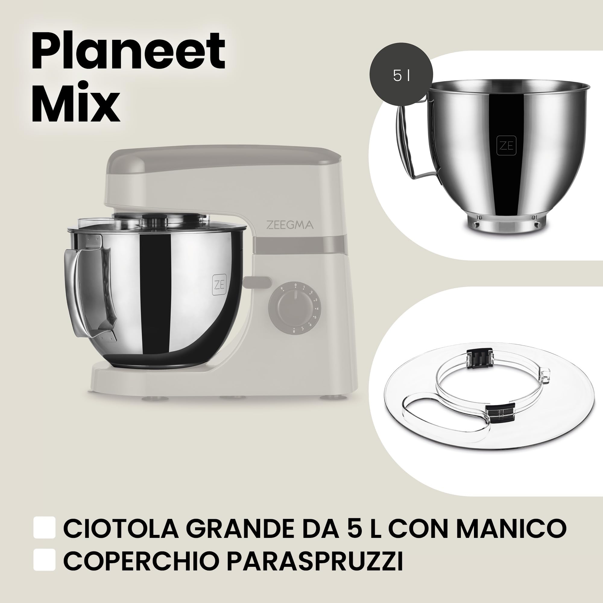 ZEEGMA Planeet MIX Impastatrice da 1800 W, robot multifunzione con ciotola da 5 l, con manico e coperchio, 8 velocità, incluso pannello touch a 3 pezzi