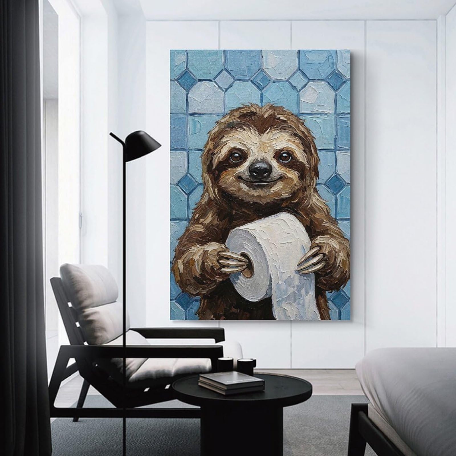 Junmoney Unframe-Style Sloth With Toilet Paper Painting Decorative Wall Artwork 16X24inch(40X60cm), For Corridors, Hallways Or Apartment Entries, Home Artwork For First Impressions