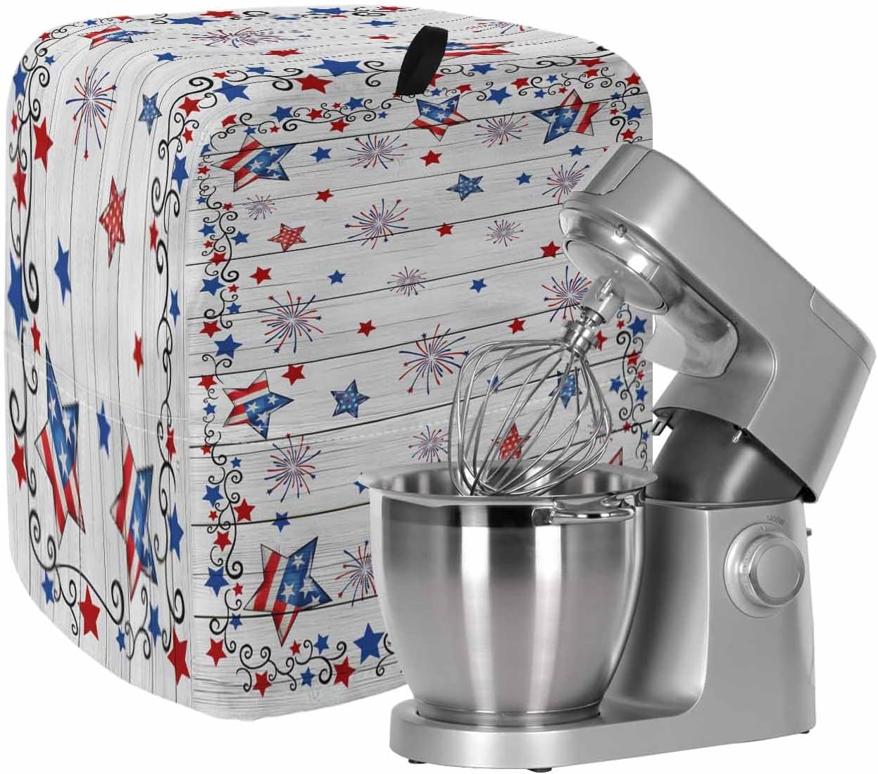 4th of July Stand Mixer Cover with Storage Pocket, Waterproof Kitchen Mixer Covers, Independence Day Blue Red Star Firework Kitchen Appliance Dust Cover Compatible with 5-8 Quart Mixers