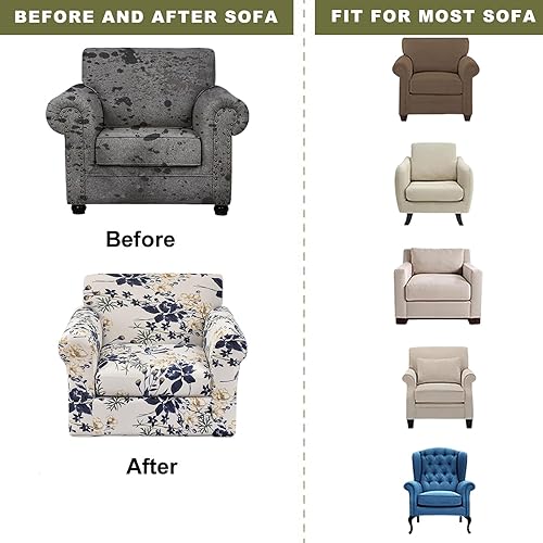 Miniatura 5 de FUANGUI Funda elástica de 2 piezas para sofá, funda estampada suave para sillón con funda de cojín de sofá, lavable, protector de muebles para sala