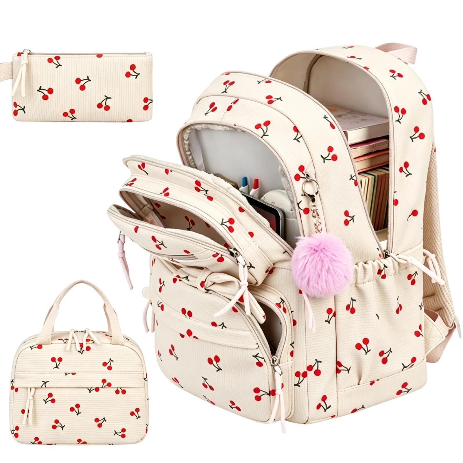 Set zaino da bambina - Durablle impermeabile a tema ciliegia, Color crema | Portapranzo traspirante per bambini, per scuola materna