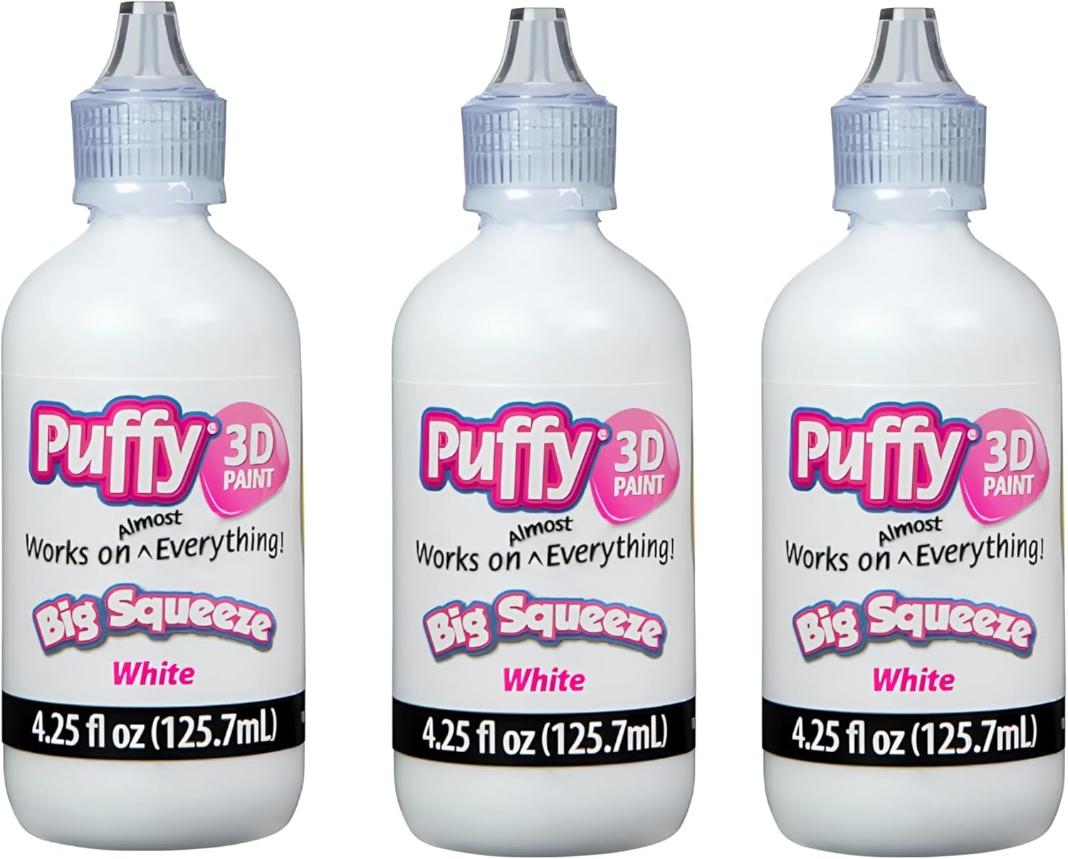 Puffy 3D Fabric Paint Set – 3 White Bottles, Non-Toxic, Permanent & Washable, Easy-Squeeze Tips for T-Shirts, Shoes, Bags, DIY Crafts & Fabric Projects