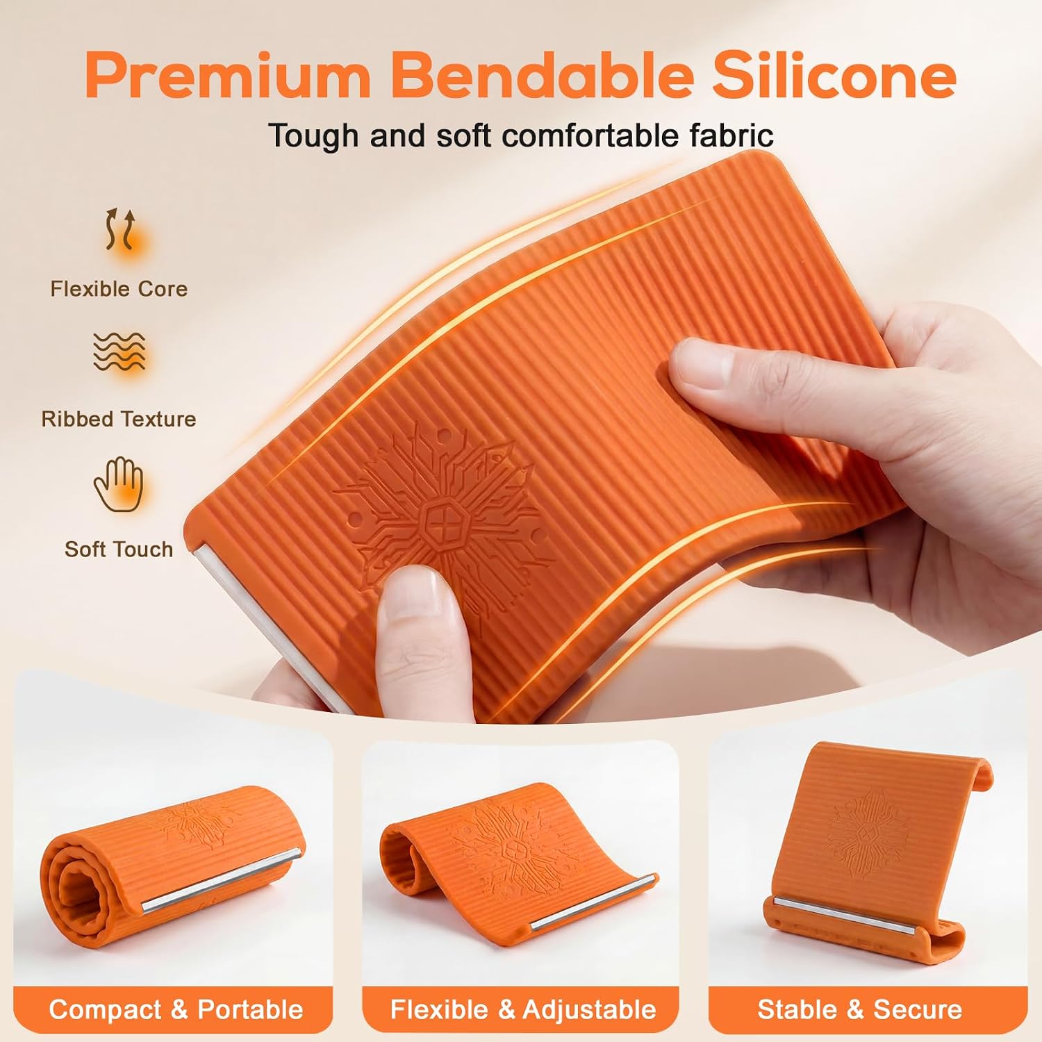 Flexible Silicone Aluminum Phone Stand,2026 New Anti-Slip Fexible Silicone Phone Holder,Folded into Any Shape Phone Holder for Tablet Laptop,Travel, Desk,Bed,Treadmill (Orange 1PCS)