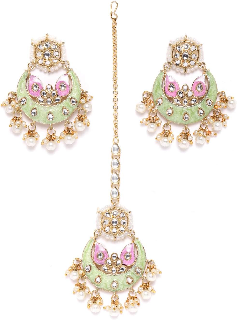 ZAVERI PEARLS Base Metal Enamelling Sea Green & Pink Kundan Bridal Earring & Maangtikka Set For Women, ZPFK9611