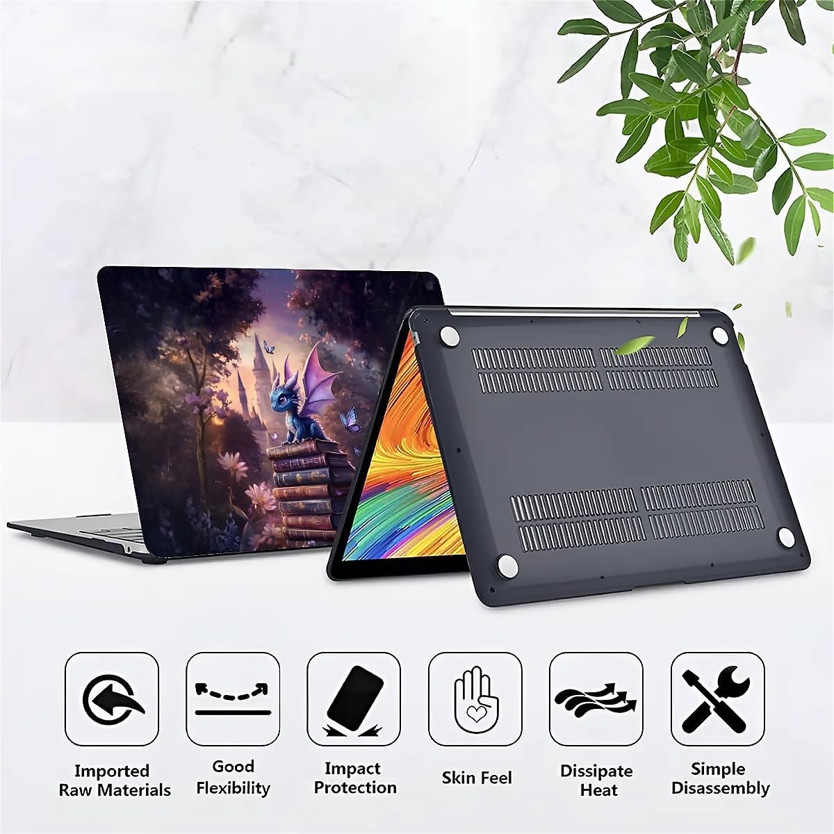 Compatible with MacBook Air 15 Inch 2023/2025 Version of M2 A2941/M4 A3241 Plastic Black Computer Case for Girl Boy Fashion Pattern Cute Baby Dragon Magic Book Butterfly Flower