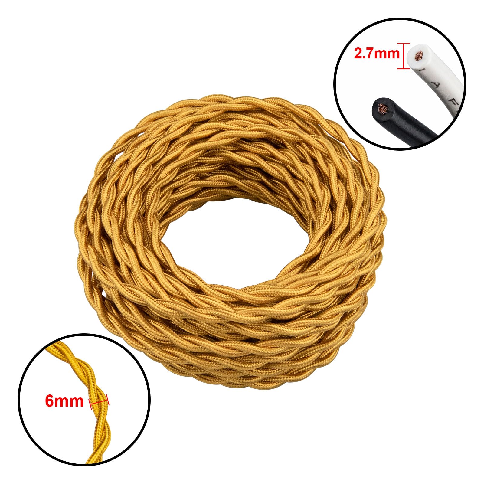 URCIANOW 10M 2x0.75mm 2 core Vintage Styled British Gold Coloured Cloth Covered Braided cable lighting lamp flex Tinned Copper 18gauge Vintage light Cable for DIY Lamps Industrial - Image 2