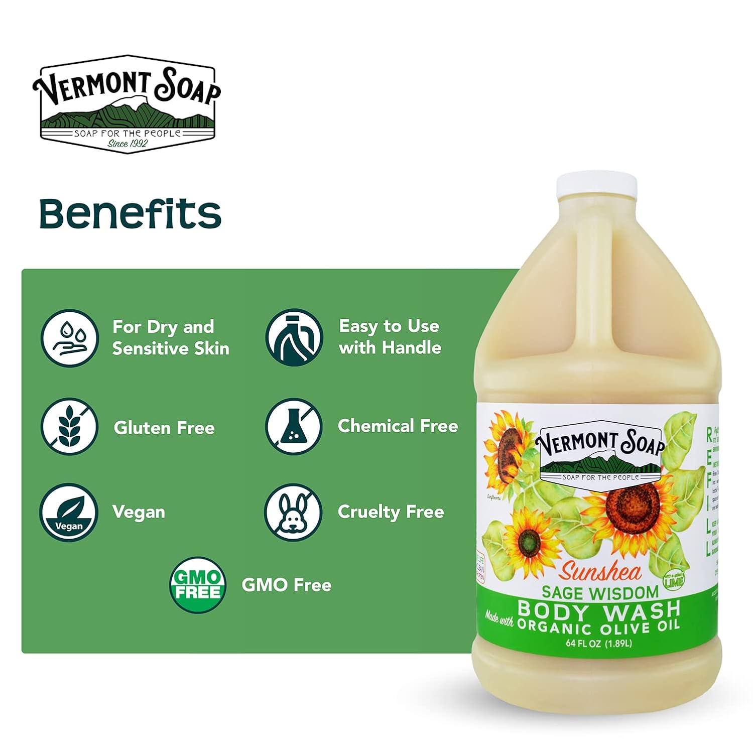 VERMONT SOAP , Natural body wash with Shea Butter, Mild Gel for Moisturizing and Soothing Skin, Fragrance Free for Women & Men (Sage Lime Wisdom, 64oz)