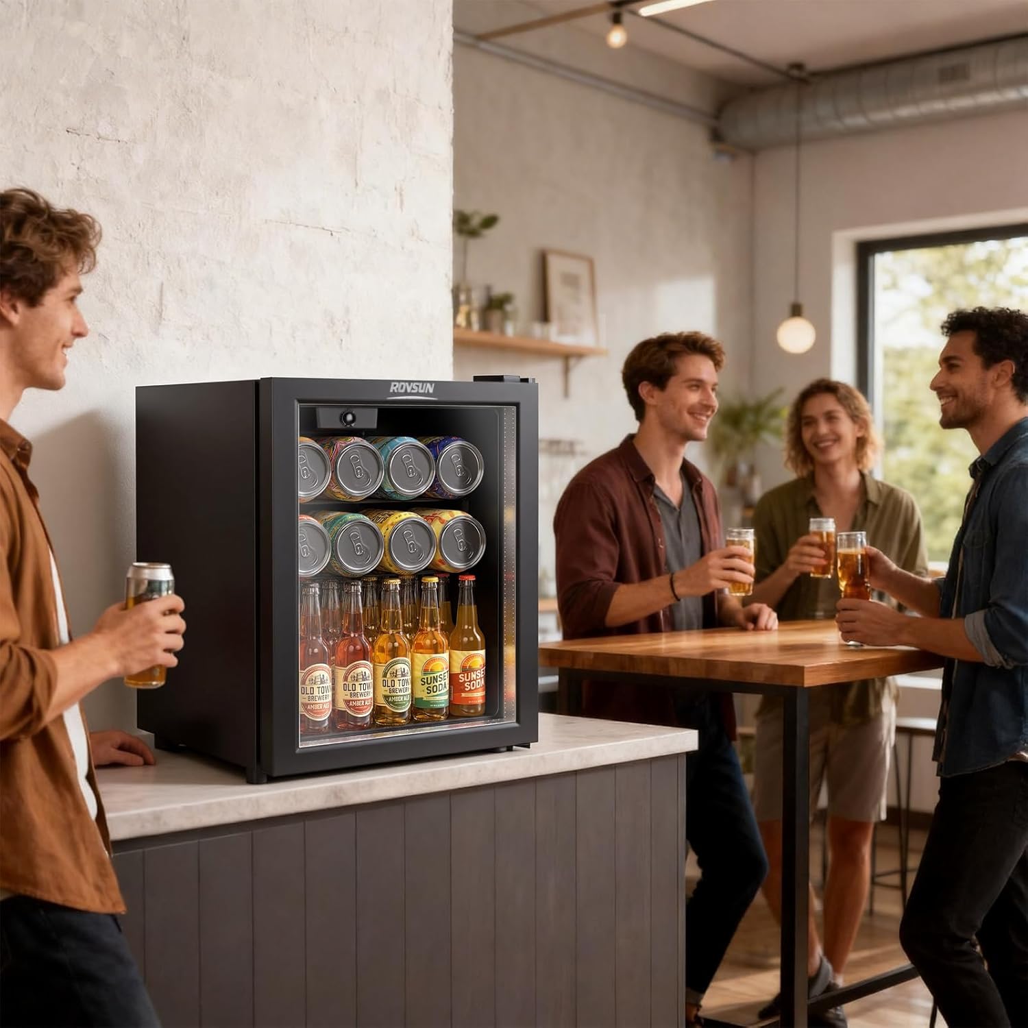 ROVSUN 28 Cans/1.0 Cu.Ft. Beverage Refrigerator Cooler, Countertop Small Fridge with Double Layer Glass Door & Adjustable Shelf for Bedroom Home, Quiet Mini Fridge for Soda Wine Beer, 43-64°F, Black