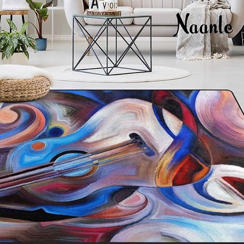 Naanle Abstract Art Painting Area Rug 3'x5', Music Note Guitar Polyester Area Rug Mat for Living Dining Dorm Room Bedroom Home Decorative