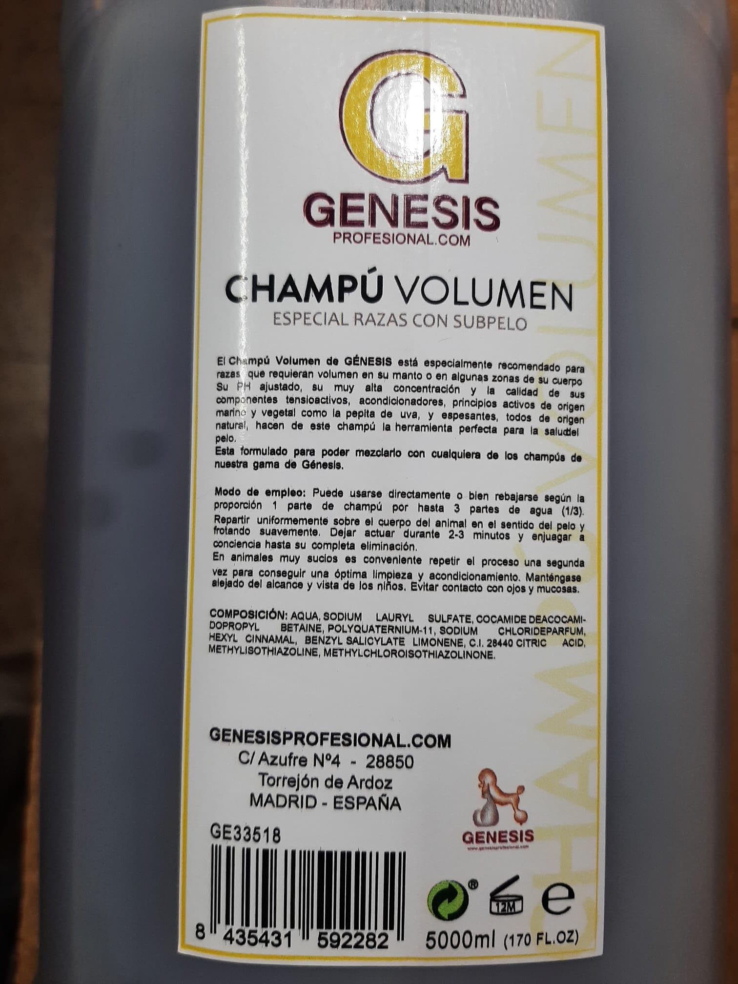 Genesis Champú Especial para Dar Volumen al Manto, 5 L., Recomendado para Razas de Pelo Corto y Medio con abundante subpelo
