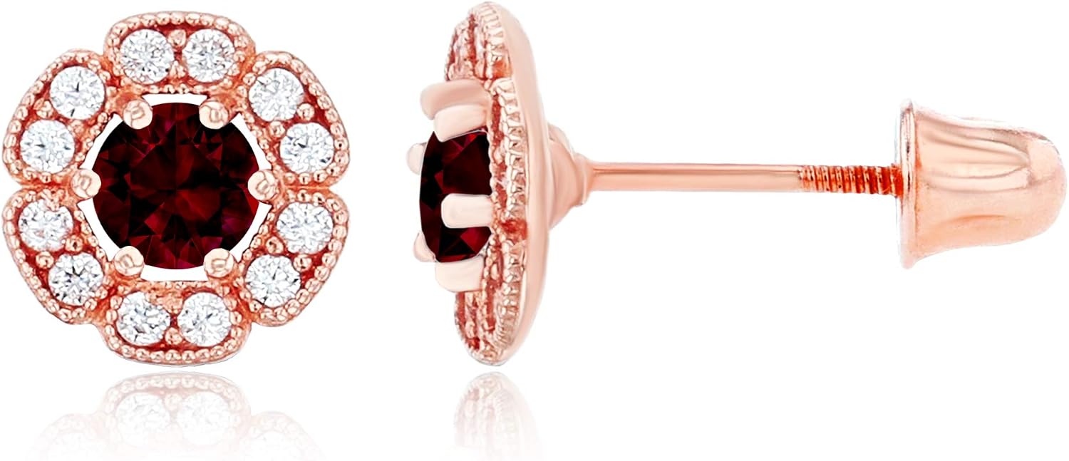 Solid 14K Gold 6mm Natural Birthstone Flower Screwback Stud Earrings For Women | 7mm Round Birthstone | 1mm Created White Sapphire Flower Screwback Earrings For Women