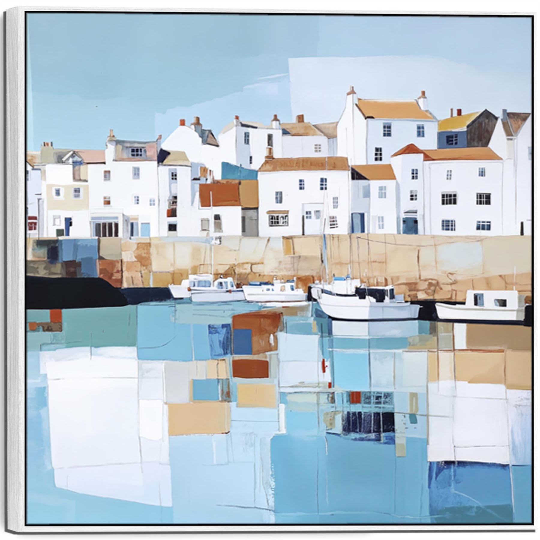 Wallfillers Blue White Canvas Prints Framed Cornish Seaside Memories 1 (100cm x 100cm)