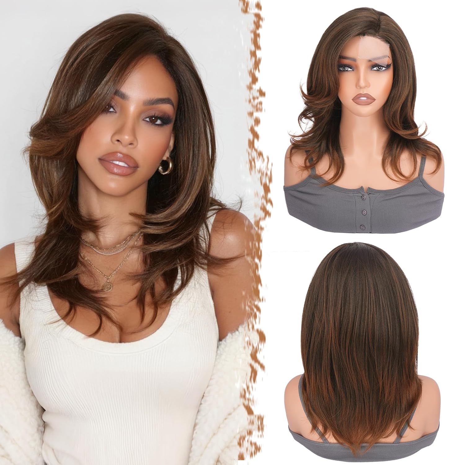 Auburn Brown Wig for Women - Layered Straight Wig with Lace Front, Side Part Natural Hairline & Soft Yaki Fiber, Lightweight Realistic Look - Auburn Mix Dark Brown, 14 Inch