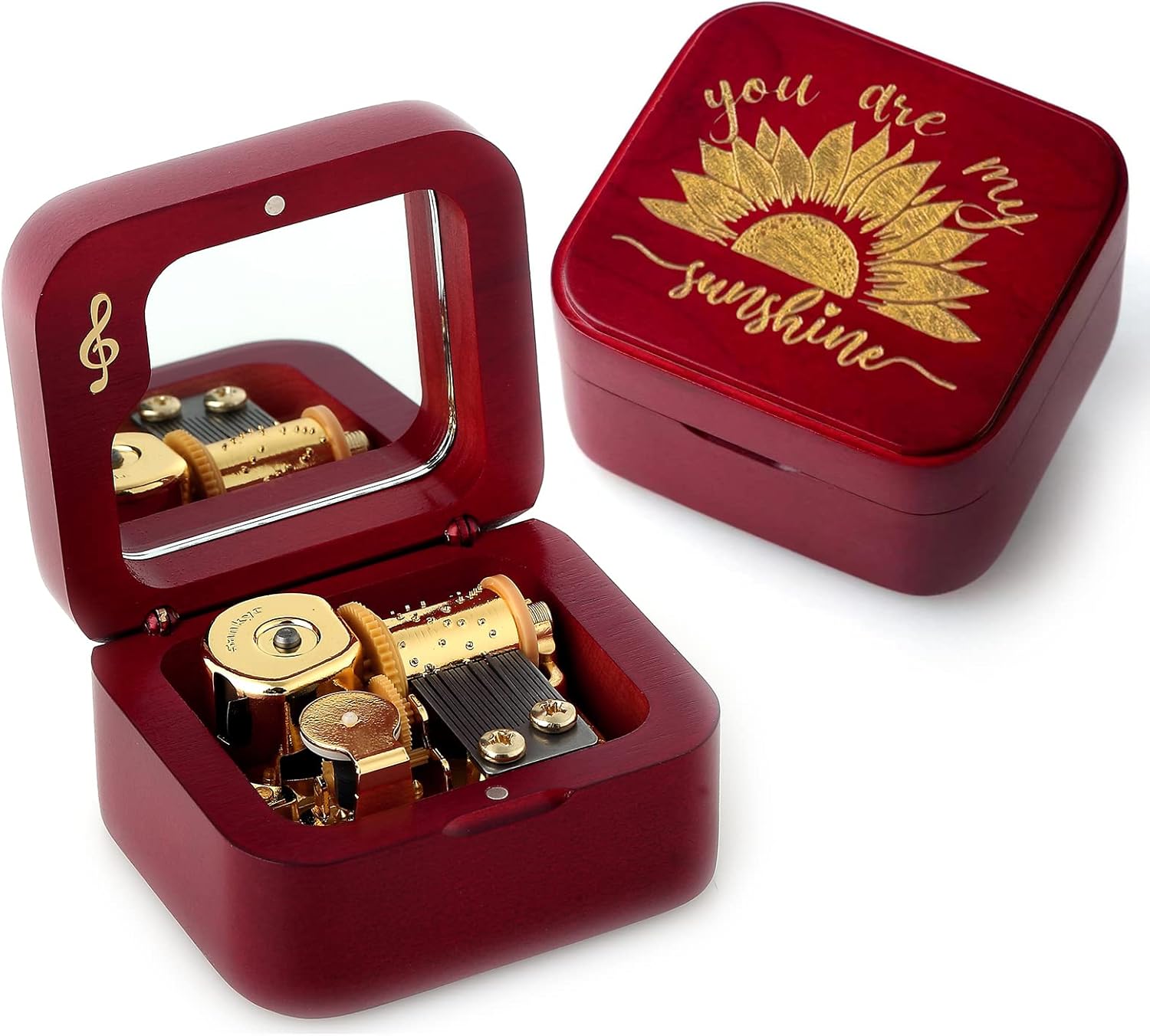 Natural Solid Wood Clockwork Square Note Octave Box with Pause and Play Function, Gift for Birthday/Mother's Day/Children's Day/Valentine's Day/Christmas, Wine-red.
