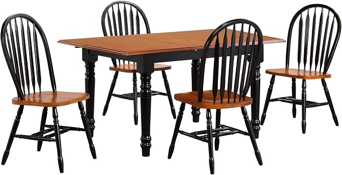 Sunset Trading Selections 5 Piece 60" Rectangular Extendable Windsor Arrowback Chairs | Butterfly Leaf Table Wood Dining Set, 2 Size Expandable, Seats 6, Antique Black and Cherry