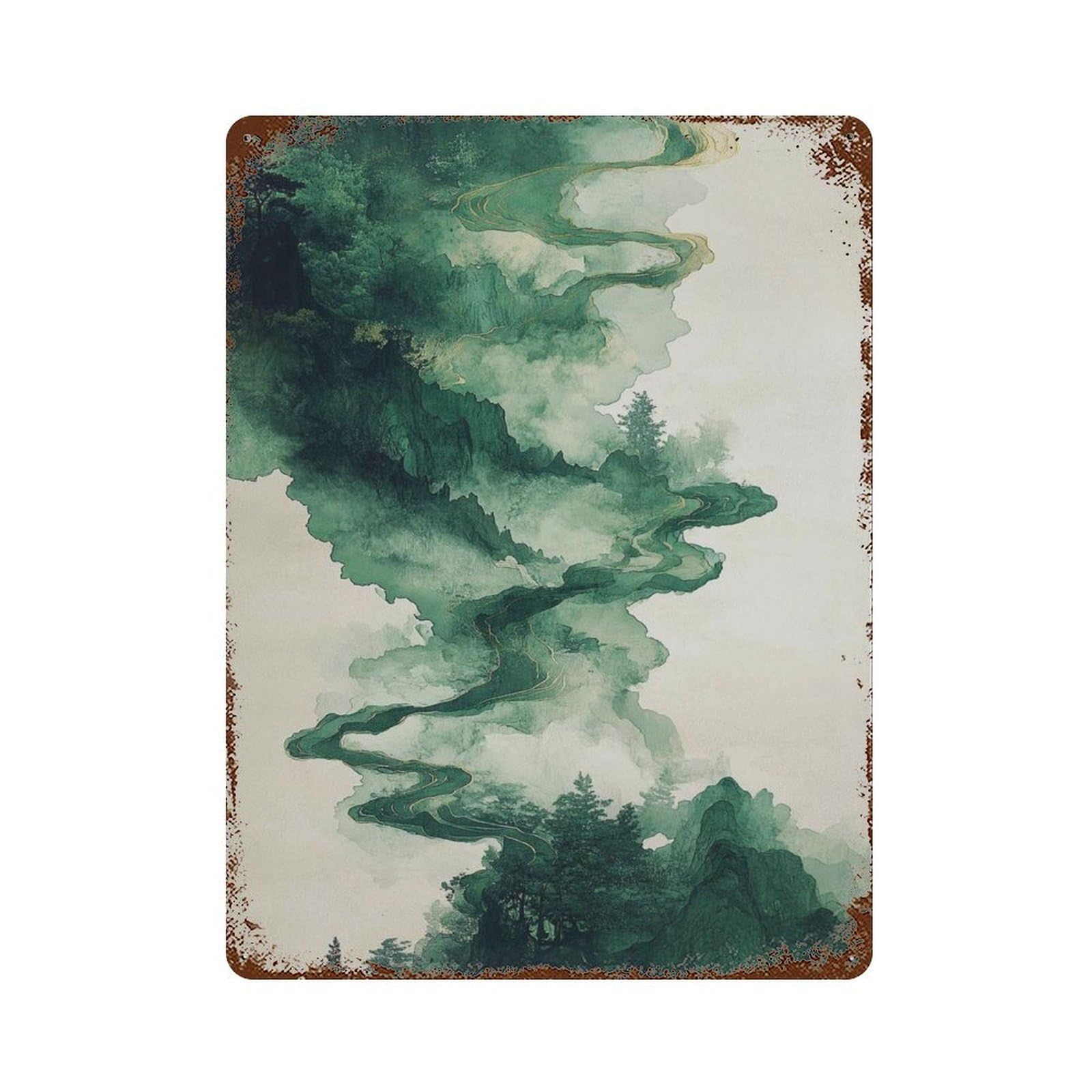 xiaoxiaoshen Abstract Green Landscape Mountain Mist Nature Pathway Tranquil Forest Scene Mode Wall Decor Art Metal Tin Poster Modern Home Decor Art Home Bar Shop Decorations Vintage Sign 40x30cm