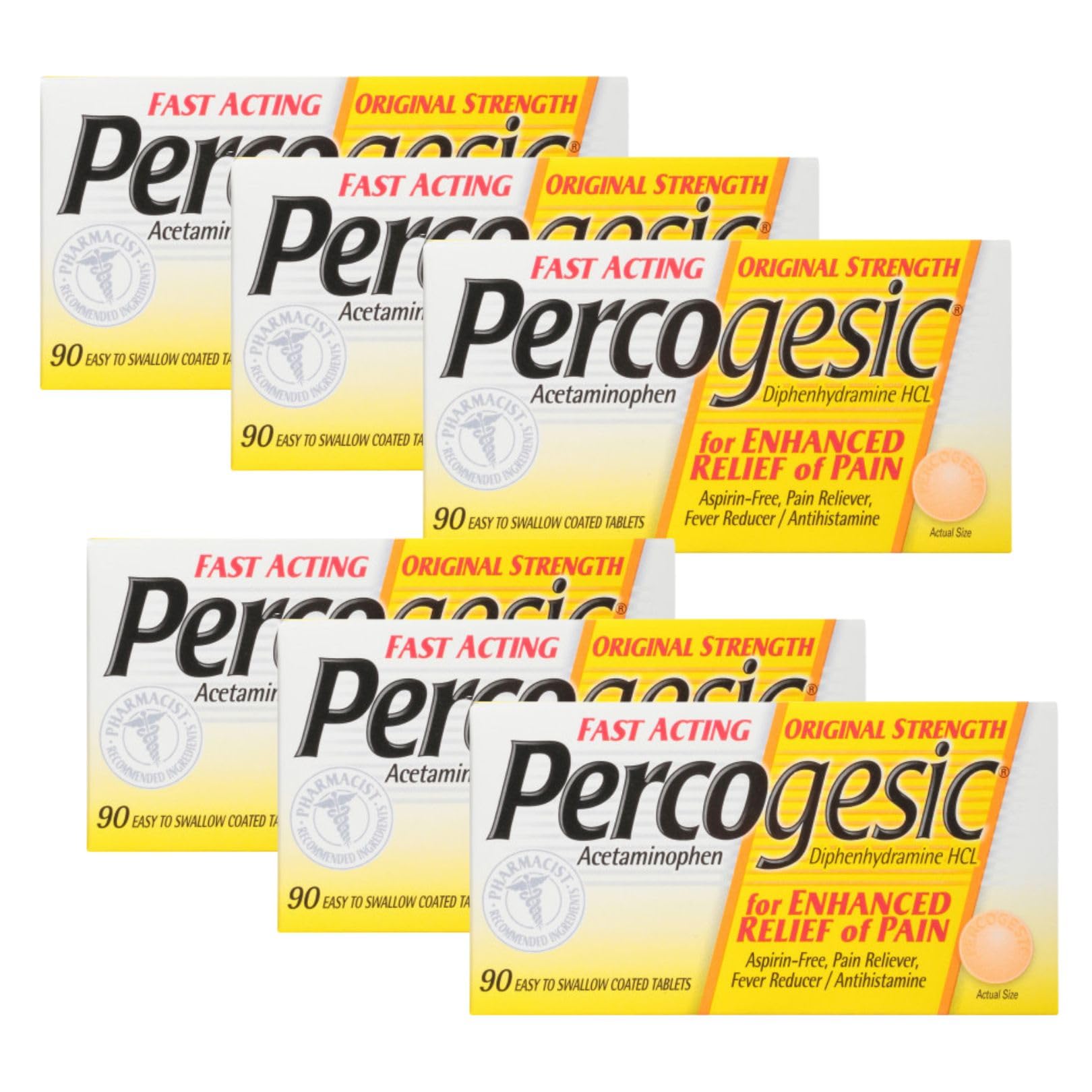 Perkogné Aspirín Bezbolestné tablety Relief, Pôvodná sila, Acetaminofén a difenhydramín, 90 ct (Pack of 6)