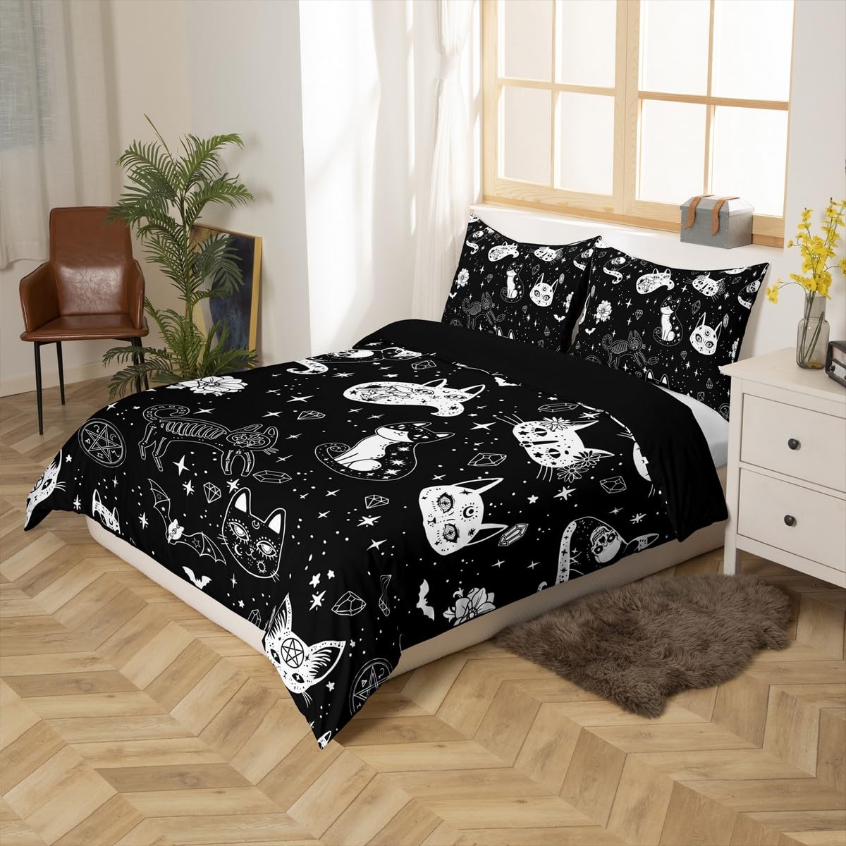 Cat Skeleton Duvet Cover Set King Size Halloween Theme Gothic Bedding Set for Kids Teens Room Decor Galaxy Starry Comforter Cover Pet Animals Flower Quilt Cover,2 Pillowcases,No Comforter