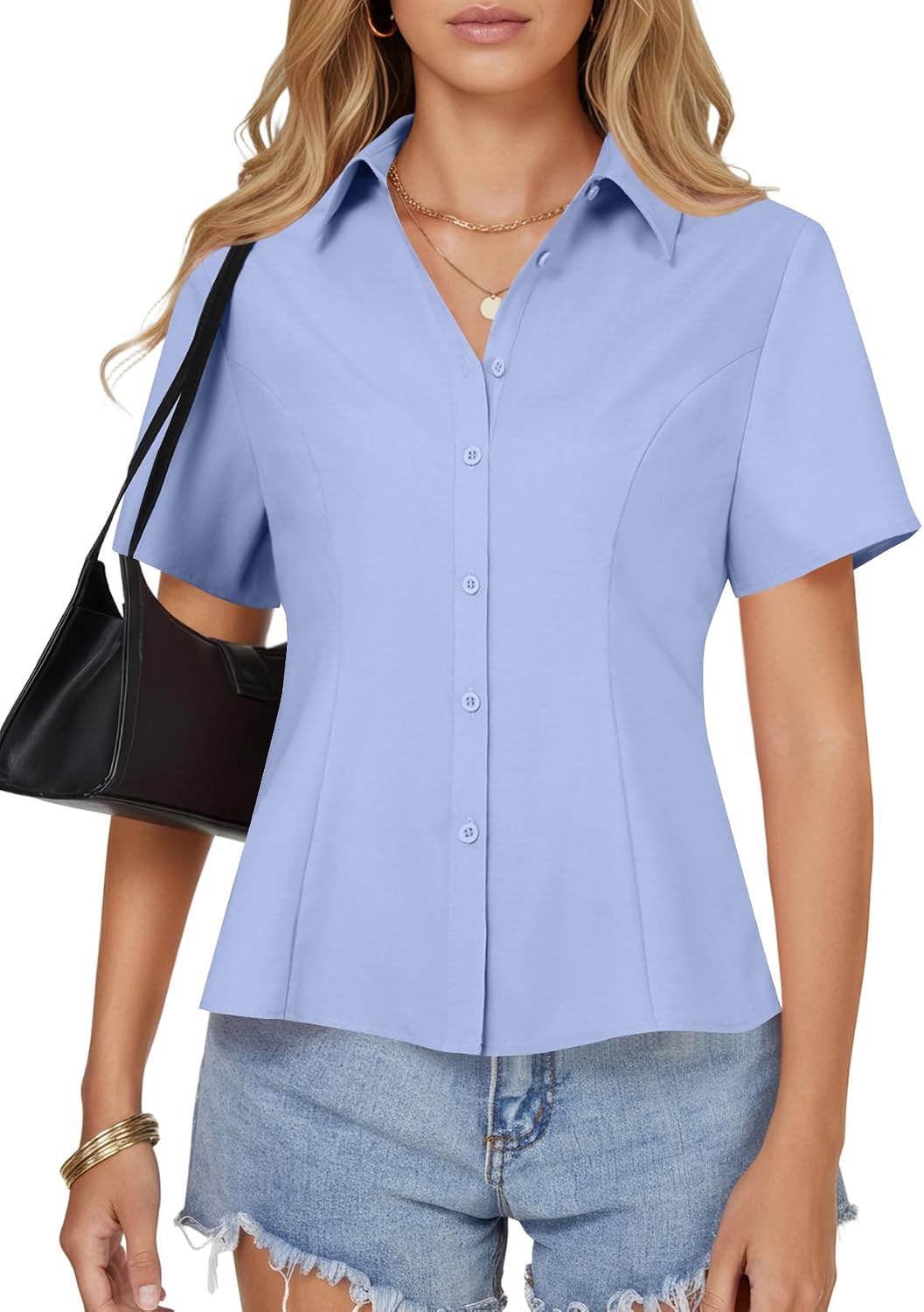 Umenlele Women's Button Collared Blouse Short Sleeve Collared Neck Slim Fit Work Shirts Business Casual Tops
