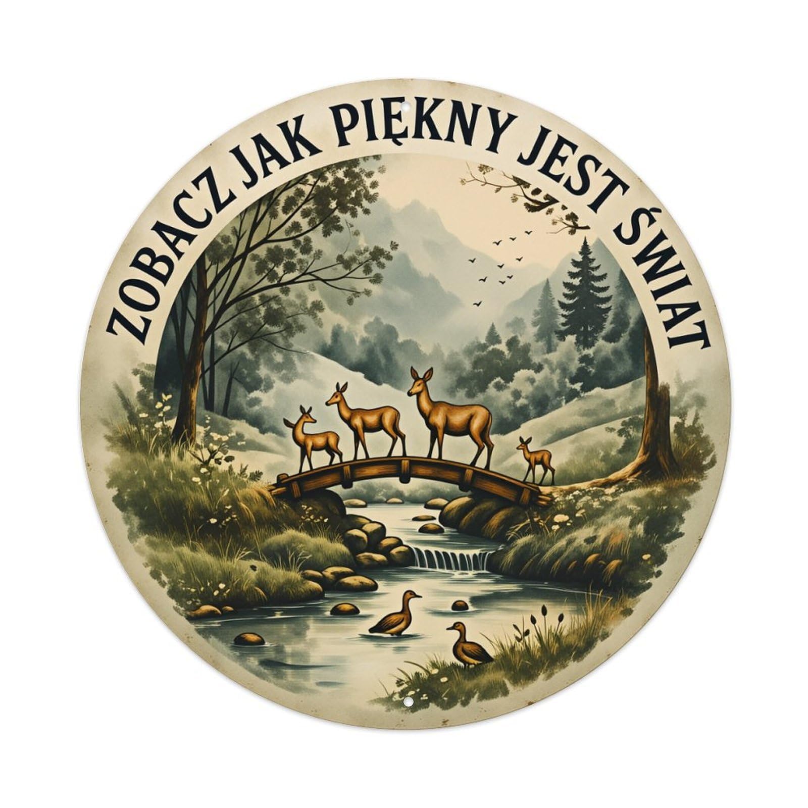 Deer Bridge Stream Birds Trees Round Tin Sign Vintage Style Metal Sign Home Bar Garden Wall Plaque Decor Metal Poster 8x8 Inch