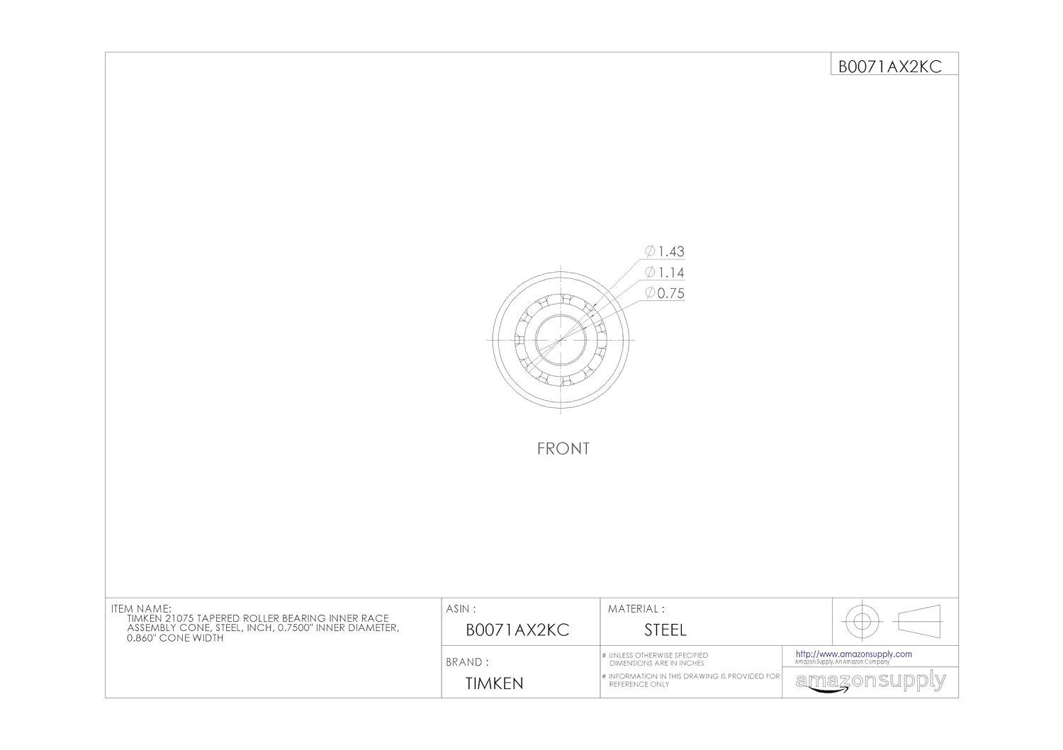 Timken 21075 Tapered Roller Bearing Inner Race Assembly Cone, Steel, Inch, 0.7500" Inner Diameter, 0.860" Cone Width