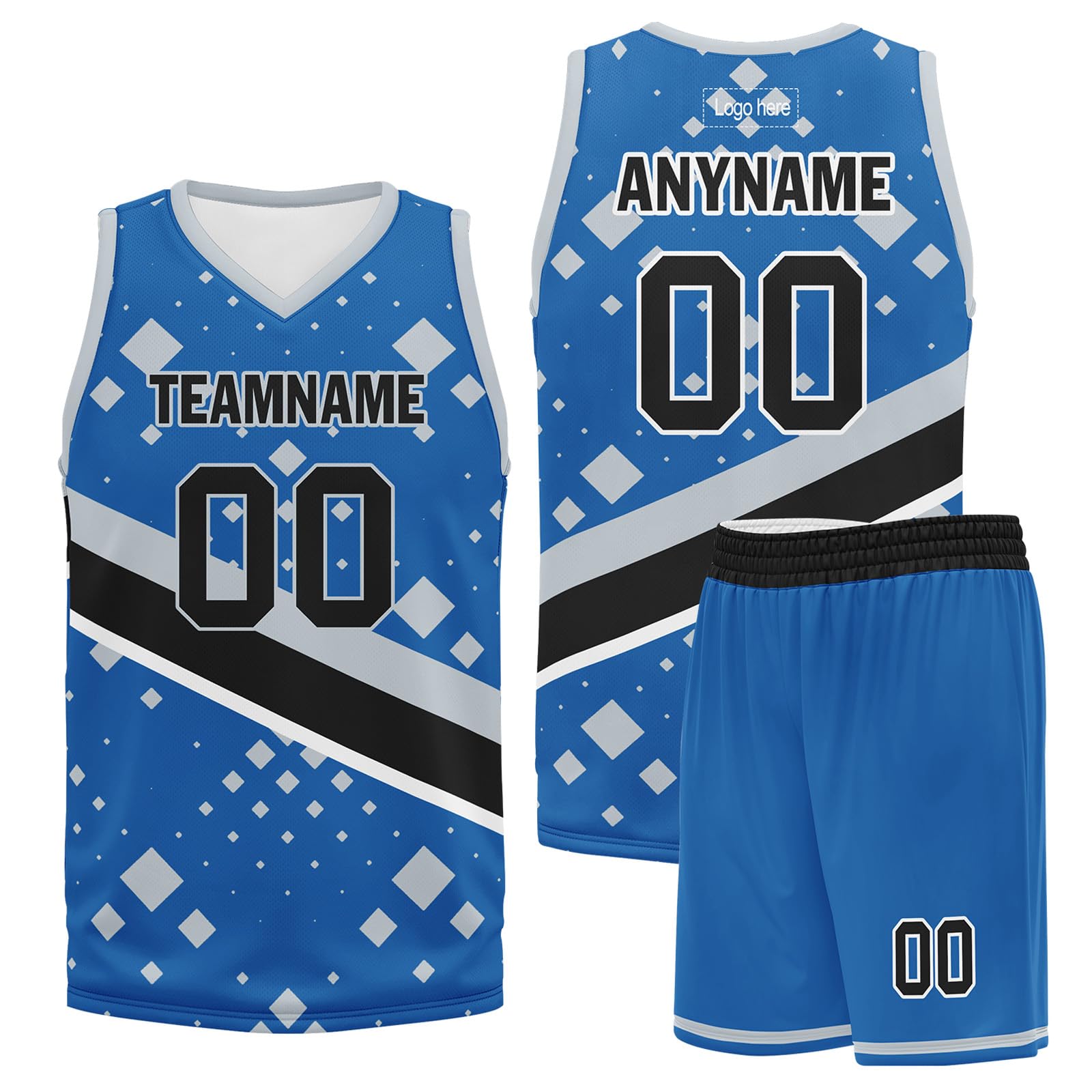 Onegam Custom Basketball Jersey Shorts, Personalized Breathable Team Uniform for Men & Women with Team-Name Number Logo Blue Black