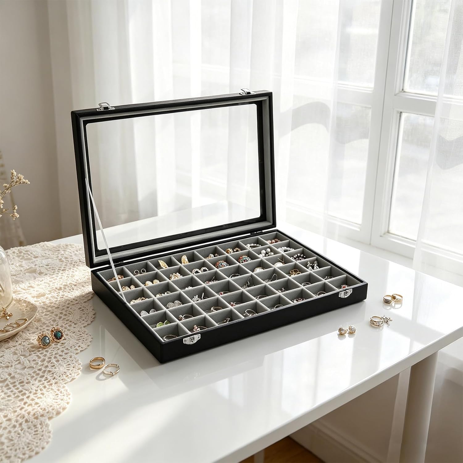 Stratalife Jewelry Organizer 48 Grid Jewelry Tray with Clear Lid Dust-proof Velvet Earring Organizer Necklace Rings Holder Display Drawer Storage Case for Women Gray Black