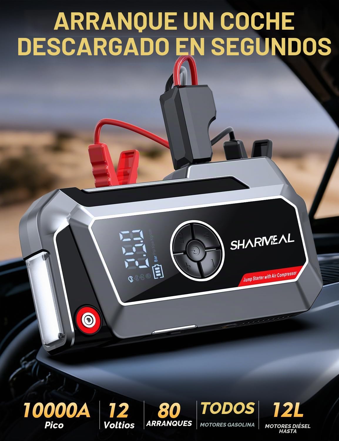 SHARMEAL 10000A Arrancador de Baterias de Coche con Compresor, 250PSI Inflador de Neumáticos, 12V, Arrancador de Coches para Vehículo (Todo Gasolina o 12L Diésel), Pantalla LCD, Luz de Emergencia