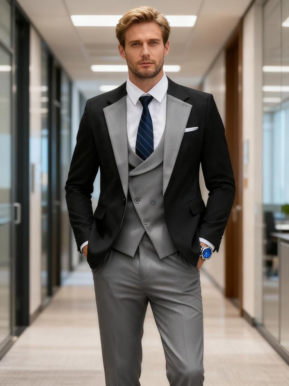 Wangyue Mens Suits 3 Piece Slim Fit Suit for Men Wedding Double Breasted Prom Tuxedo for Men Formal Dinner Party Suit - Image 2