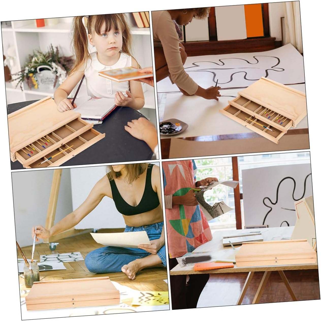ETHZZLE Portable Wooden Storage Box for Artists with Organizer for Art Supplies Pens Markers and Brushes Elegant Design for Painters and Outdoor Sketching