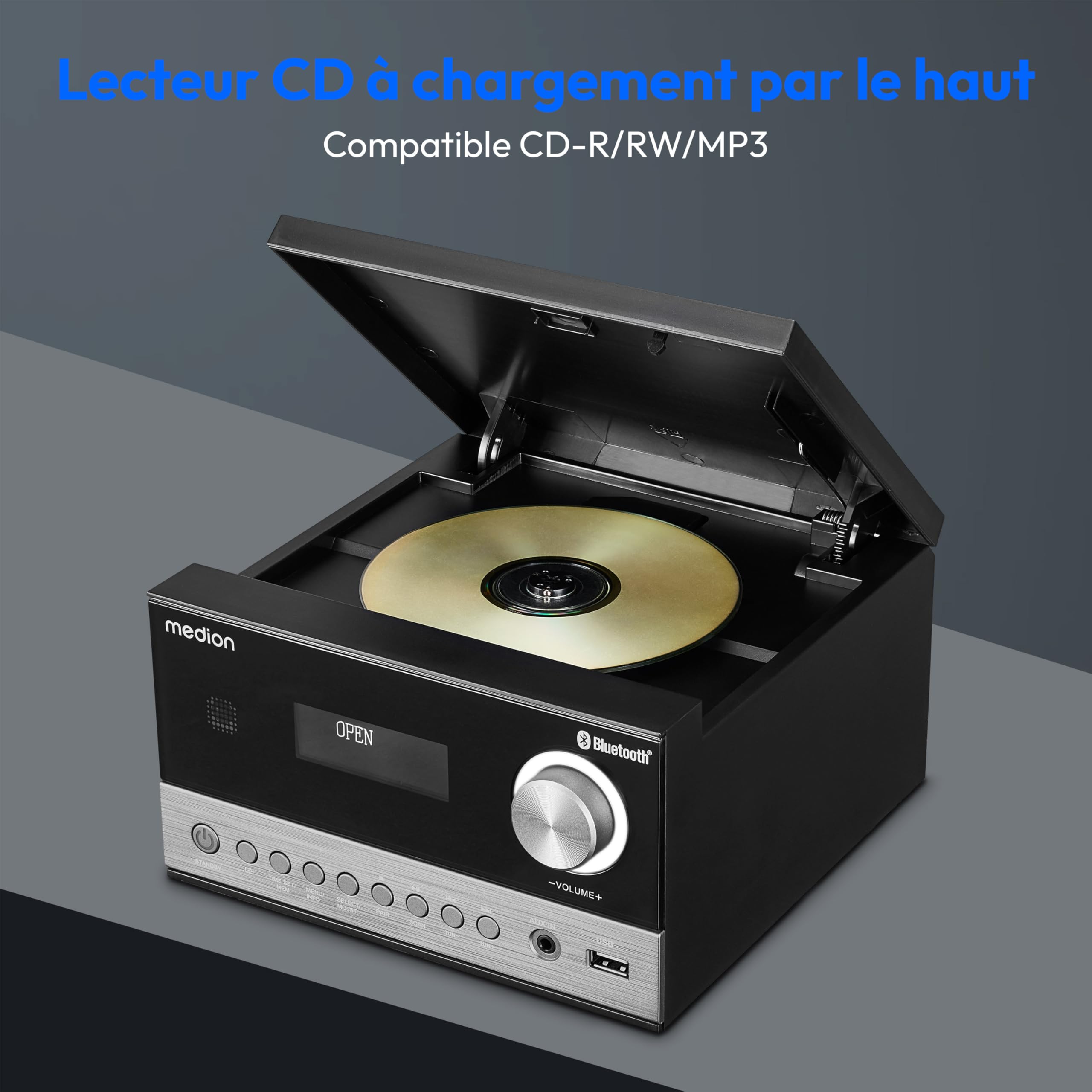 MEDION E64088 Microsystème Audio Compact (Dab+, Lecteur CD. PLL FM Radio, Bluetooth, Connexion USB, Sleeptimer, MP3, écran LCD avec Affichage 12/24 Heures)