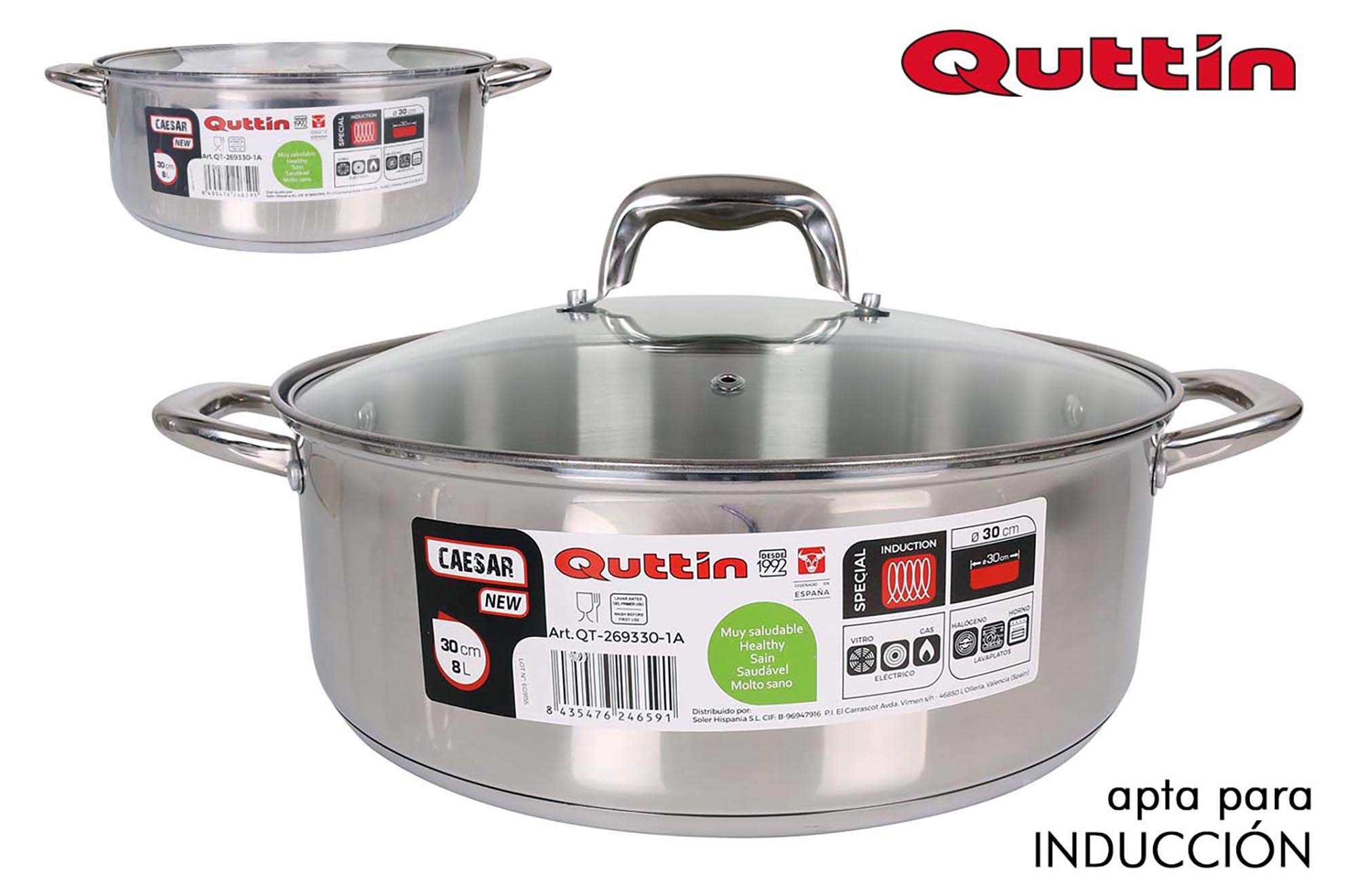 Quttin New Caesar - Casseruola professionale a induzione, cottura e forno, casseruola grande, acciaio inox antiaderente, coperchio in vetro e maniglie, 30 cm/8 l