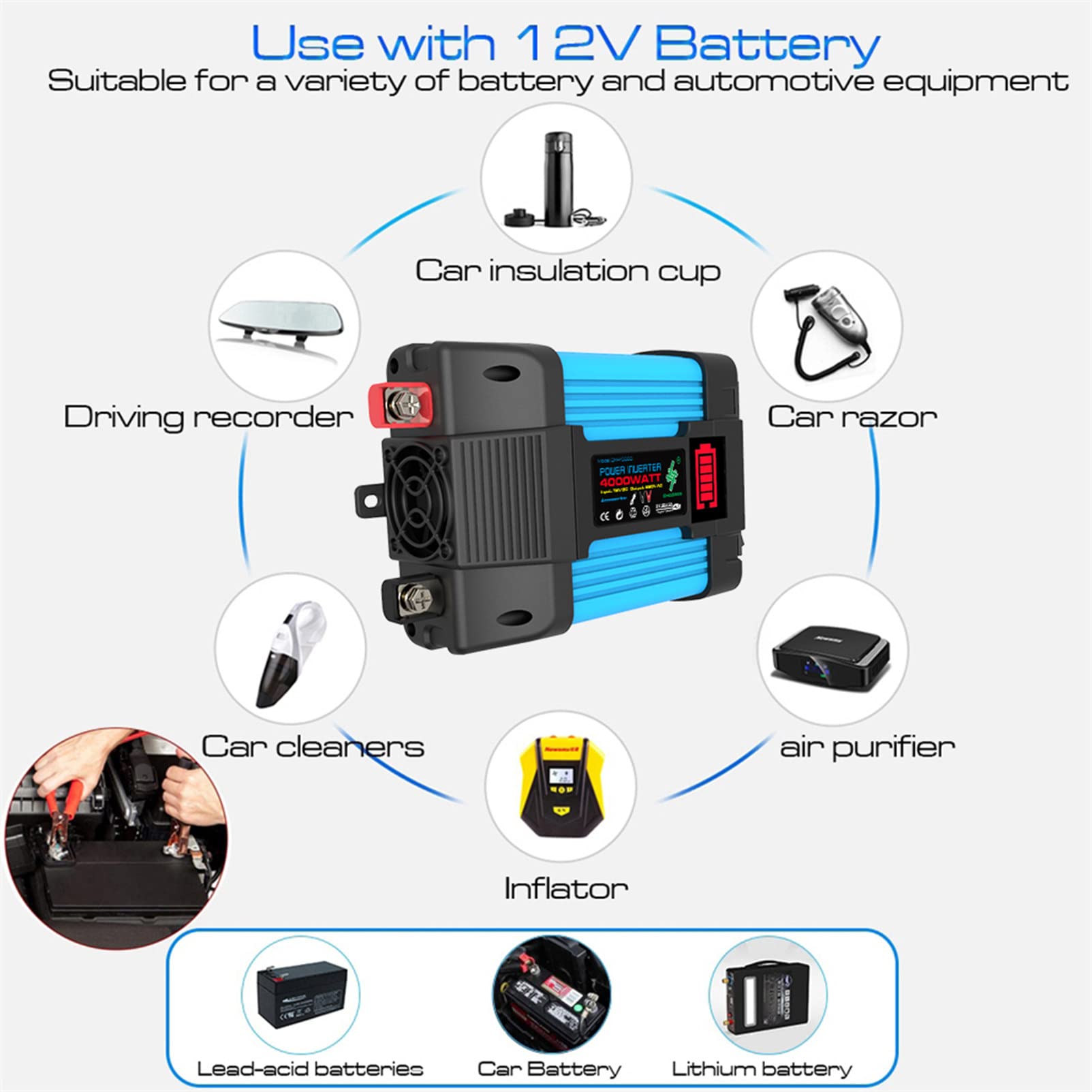Falownik 300W 500W Samochodowy Przetwornica Napięcia DC 12V do 110V 220V AC, z Wyświetlaczem LED, Dwoma Portami USB Gniazdko Samochodowe do Laptopa,300W-220V