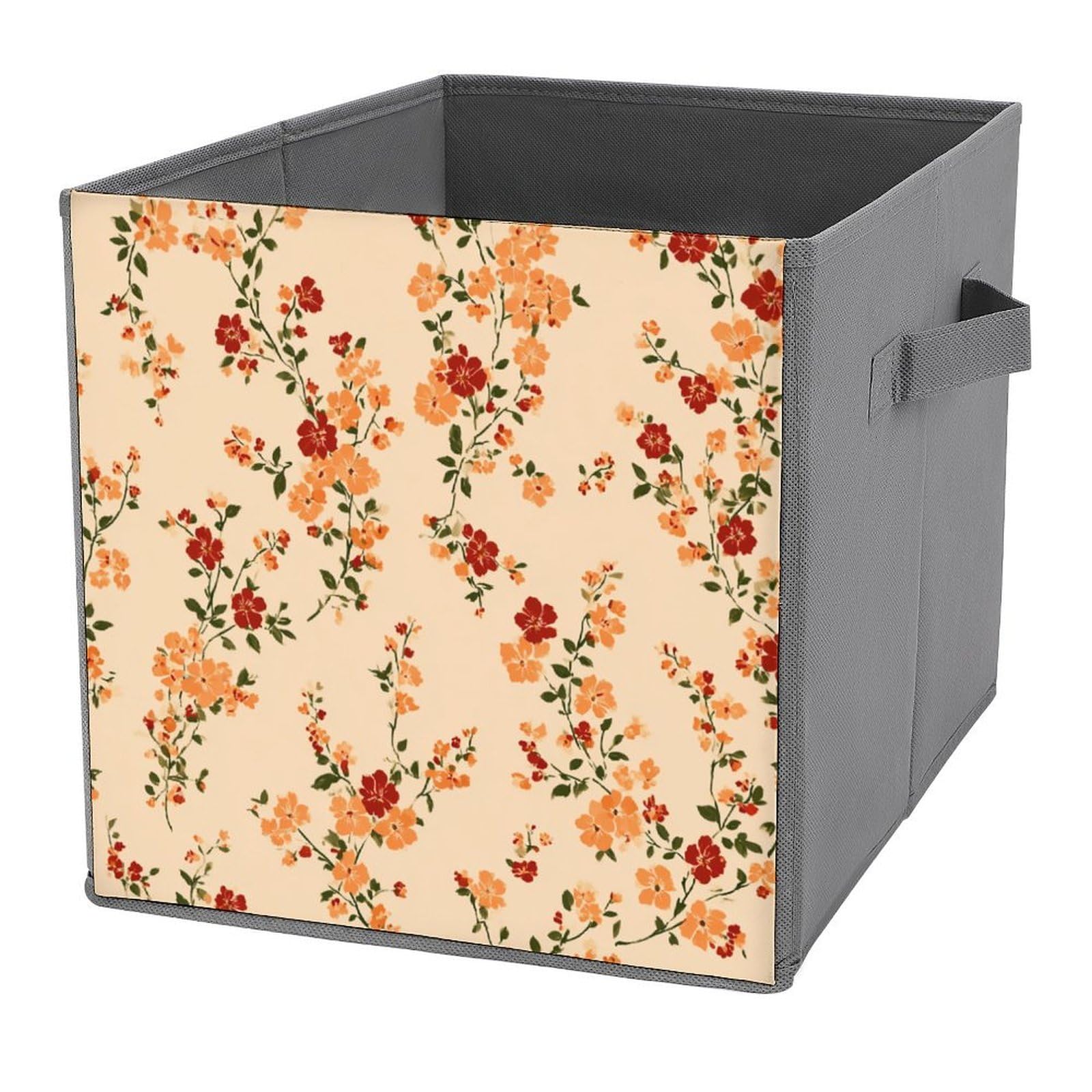 Jubonexis Vintage Orange Red Tiny Flowers Garden on Beige Cube Storage Bins Storage Cubes Foldable Decorative Fabric Storage Baskets Home Organizers with Handles for Shelves,Closet, 27x27 CM