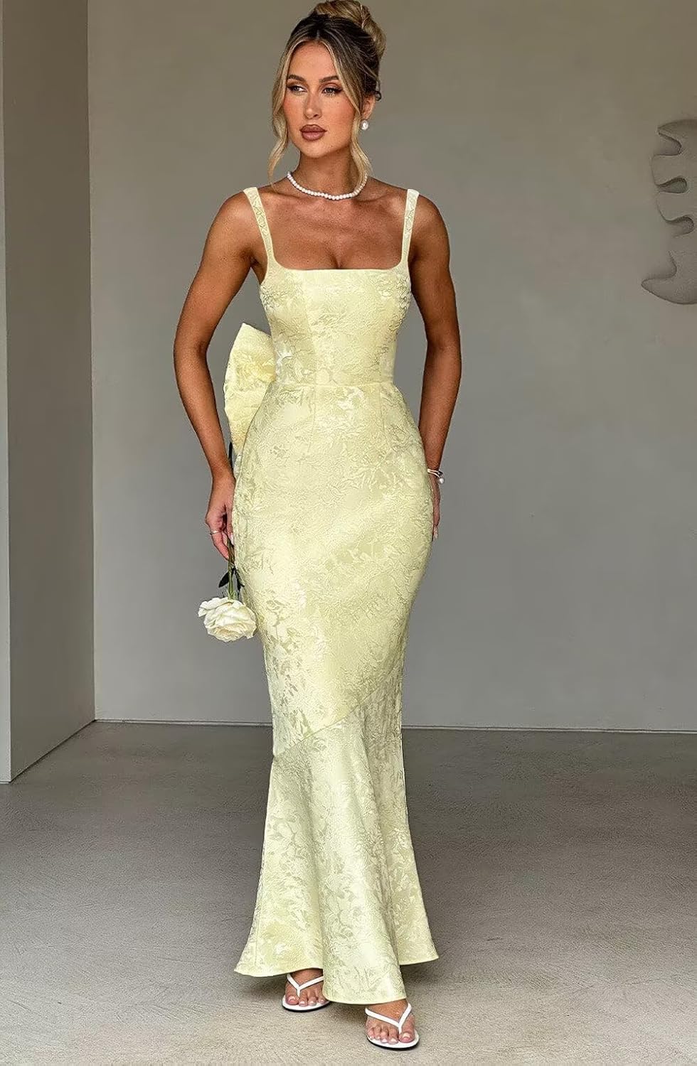 Basgute Floral Jacquard Satin Prom Dresses for Women with Bow Mermaid Long Formal Evening Party Gown - Image 5