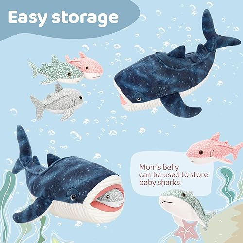Miniatura 3 de Tezituor Peluche de tiburón ballena con 3 bebés desmontables, 21.5 pulgadas, suave peluche de tiburón del océano, juguetes de peluche de vida