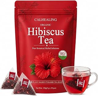 Calhealing Hibiscus Tea Organic, 5g | 30 Bags, Calhealing Pure Hibiscus Sabdariffa Tea Bags Rich in Anthocyanins, Natural Red Hibiscus Flowers Herbal Tea Te de Hibisco, Refreshing Tart Flavor, Caffeine-Free,Plant-Based Pyramid Sachets (1)
