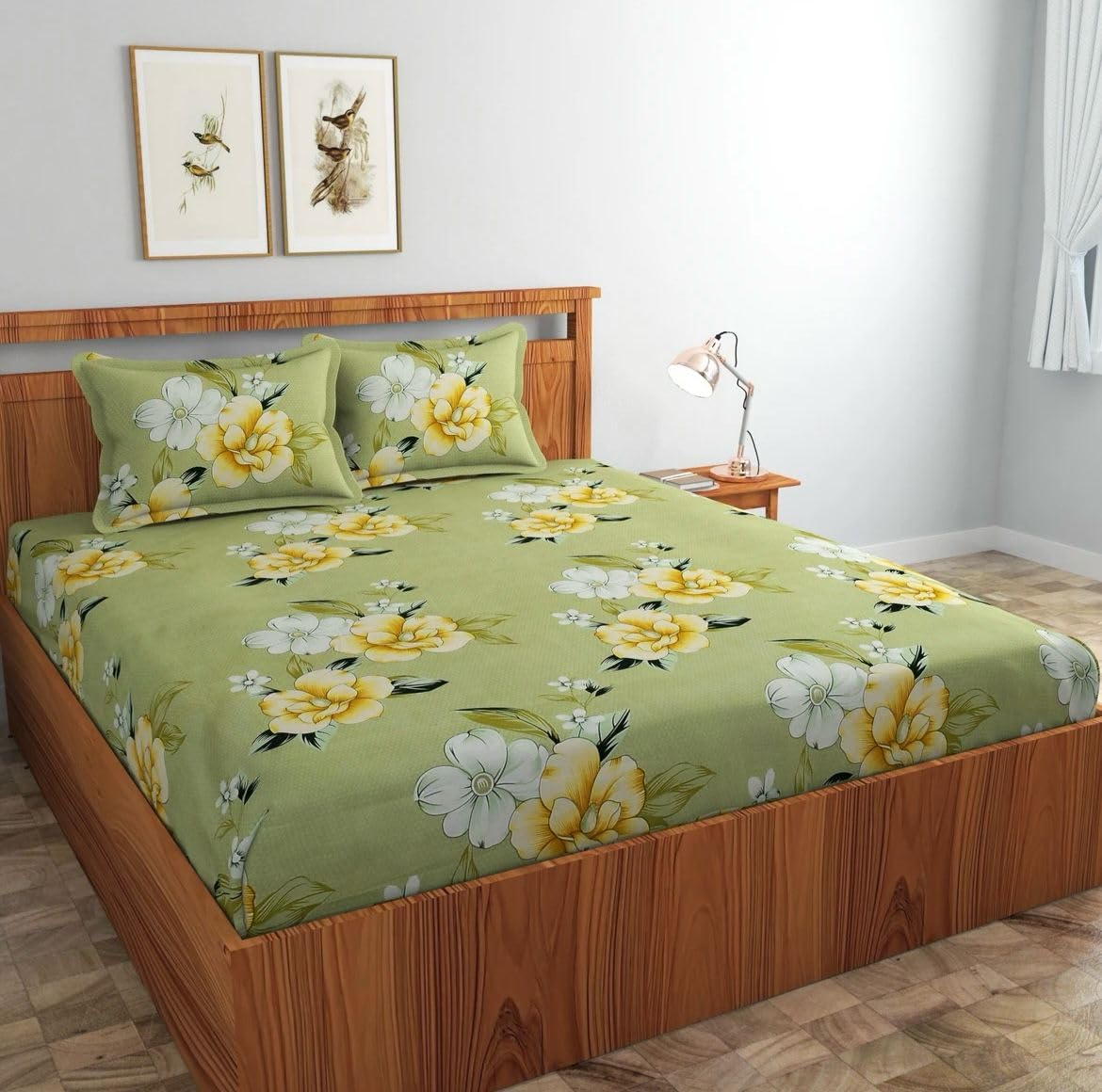 NEW TOWN Cotton Feel Glace Cotton Elastic Fitted Printed King Size Double Bed Bedsheet with 2 Pillow Covers and Fits Upto 8 inches Mattress, Size- 72"x78" Saffro 2953-picture-19