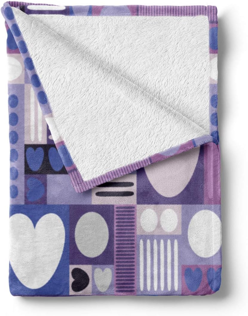 Lunarable Valentines Day Throw Blanket, Purple Tones Modernistic Illustration Hearts Lines Squares and Rounds, Flannel Fleece Accent Piece Soft Couch Cover for Adults, 50" x 60", Multicolor