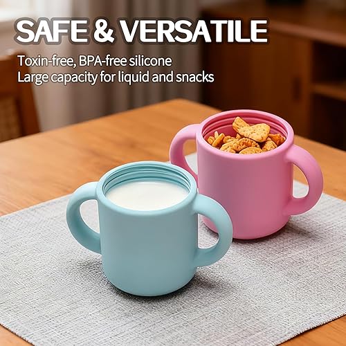 Miniatura 4 de Paquete de 2 tazas para beber 100% silicona para bebé, taza pequeña de entrenamiento de silicona con asas y popote para bebés y niños pequeños