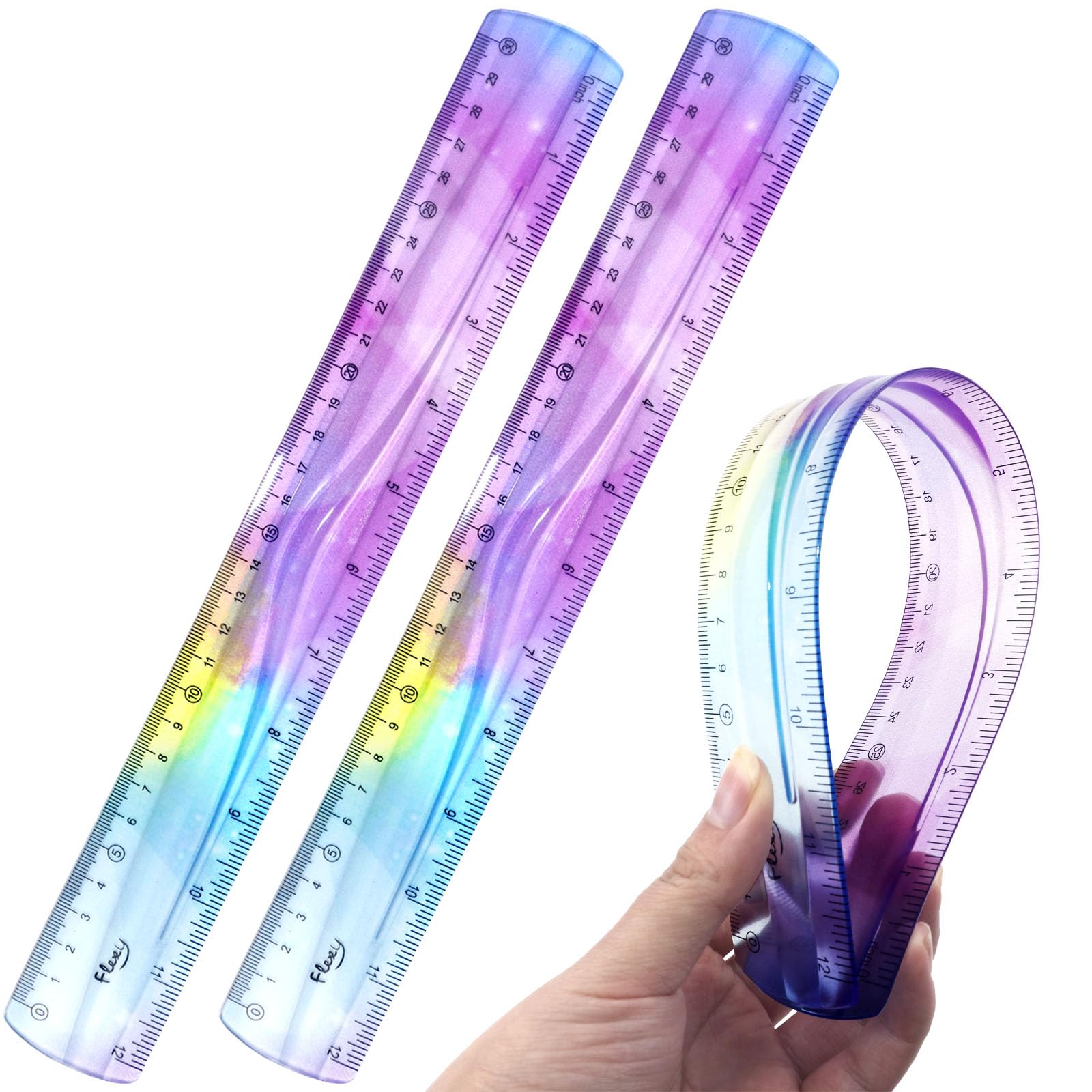 2 PCS 12 Inch Flexible Ruler, Bendable Plastic Ruler, Soft Bendable Gradient Colour Rulers with Centimeters and Inches for Student School Classroom Office Supplies